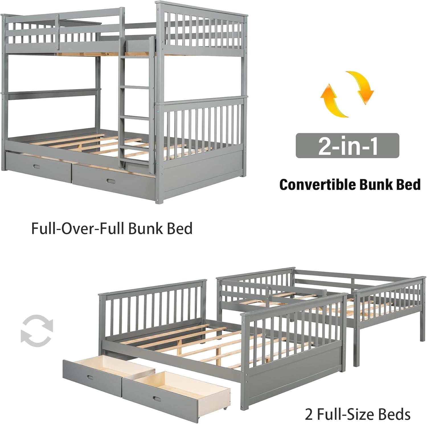 Wood Bunk Bed with Drawers,Convertible Wood Bunk Bed with Ladders and Two Storage Drawers,Solid Wood Detachable Bunk Bed Frame with Ladders,Full over Full,Grey