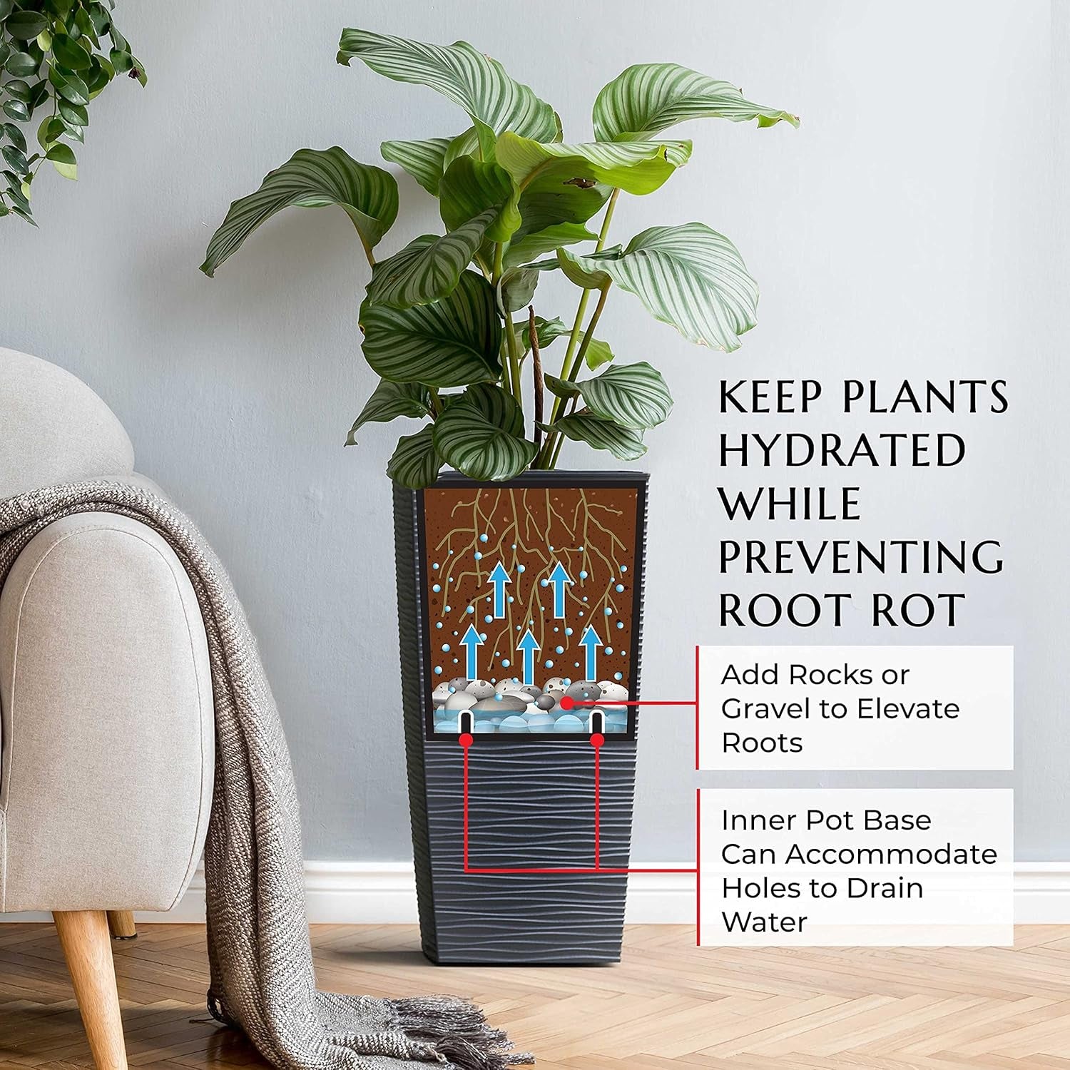 M-Resin Heavy Duty Tall Planter, Indoor/Outdoor Grande Plant, Tree, Flower Pot, 2-Piece Set, 18”, Modern Design, Built-In Drainage, Dark Grey