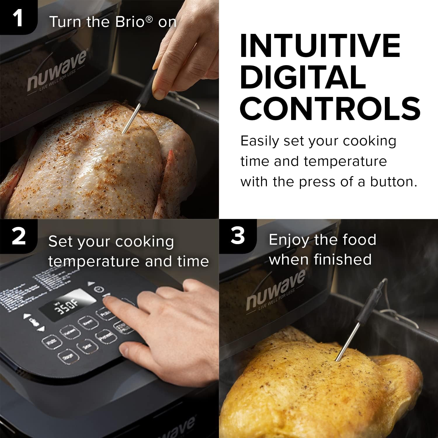 Brio 8-Qt Air Fryer, Powerful 1800W, Easy-To-Read Cool White Display, 50°-400°F Temp Controls, 100 Pre-Programmed Presets & 50 Memory Slots, Integrated Smart Thermometer, Linear T Technology