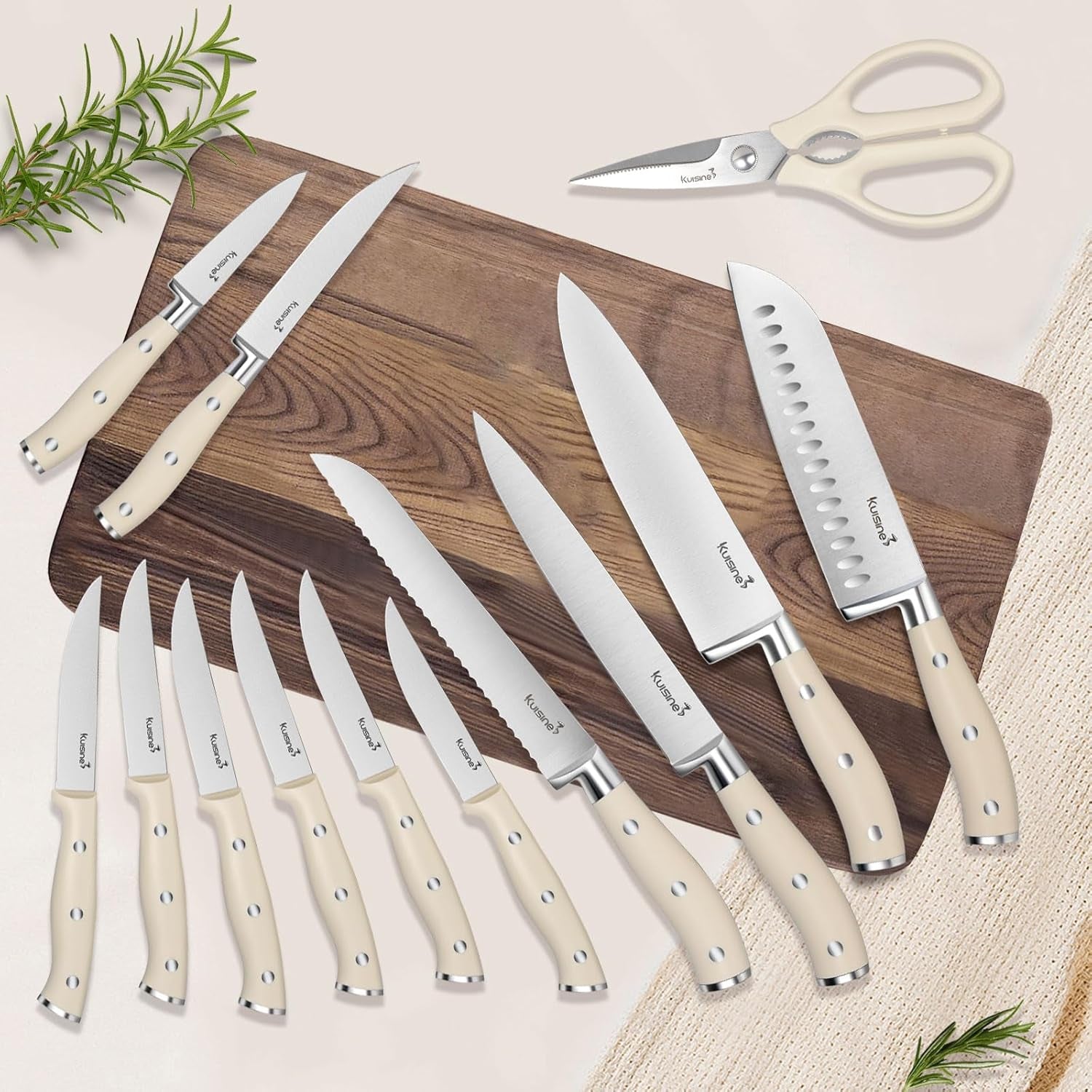Chef Knife Set,High Carbon Stainless Steel Sharp Knife Set Ergonomic Handle,Kitchen Knife Block Set with Built-In Sharpener(Ivory Pro,15Pcs)