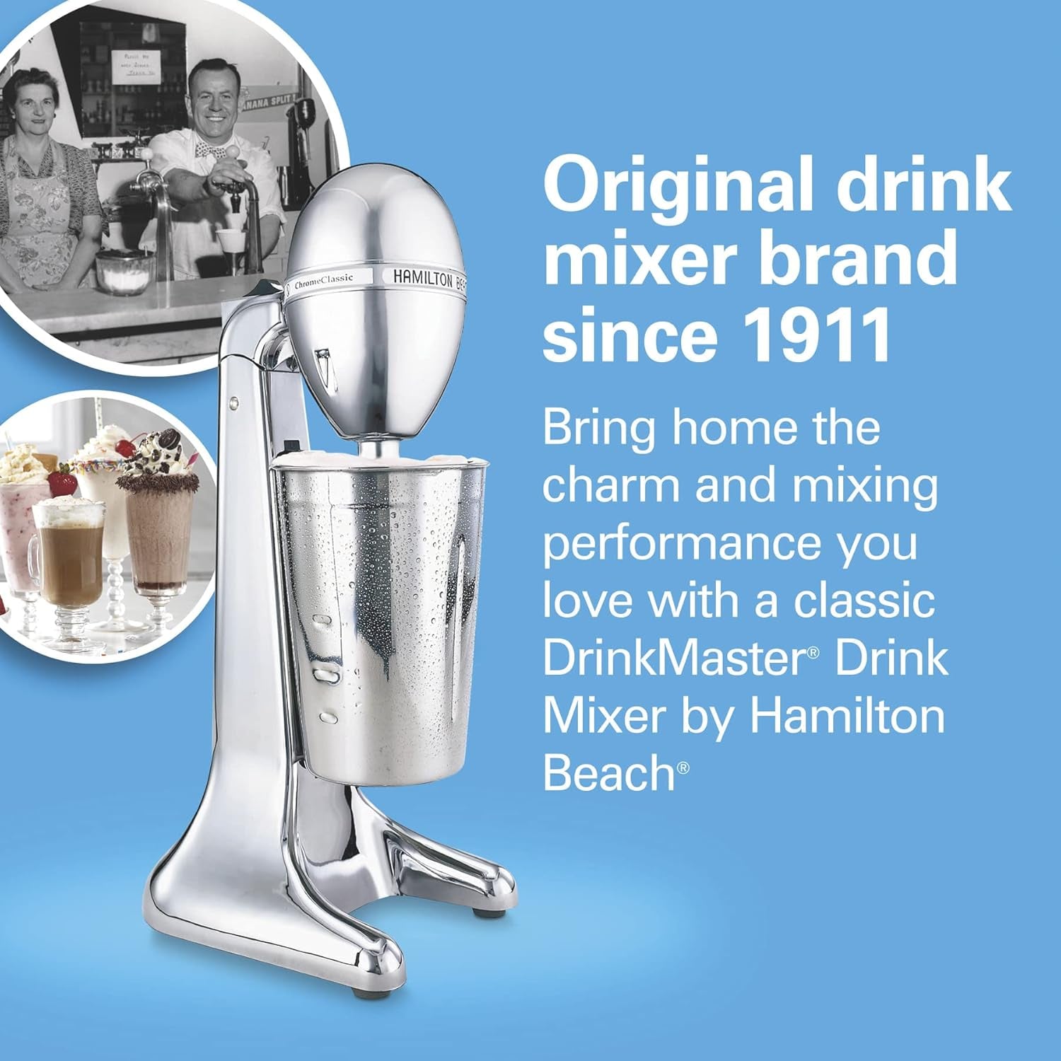 Drinkmaster Electric Drink Mixer, Retro Milkshake Maker & Milk Frother, 2 Speeds, Extra-Large 28 Oz. Stainless Steel Cup, Classic Chrome