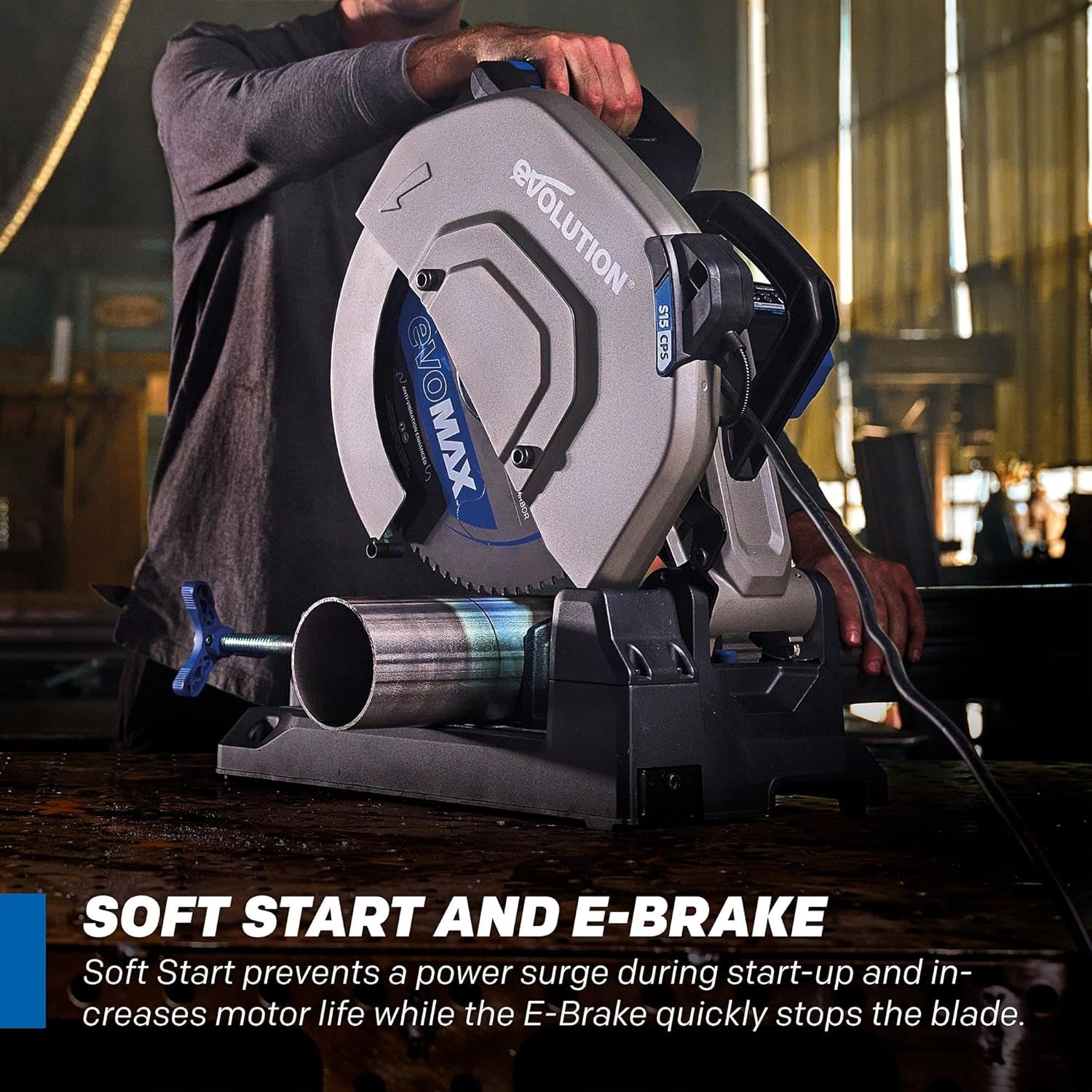 S15CPS 15" Heavy-Duty Metal Cutting Chop Saw | 3,500+ Cuts with EVOMAX14ST Blade | 15" Blade Compatible | Industrial Power Saw, Soft Start Motor, E-Brake, Precision Shadow Line Guide