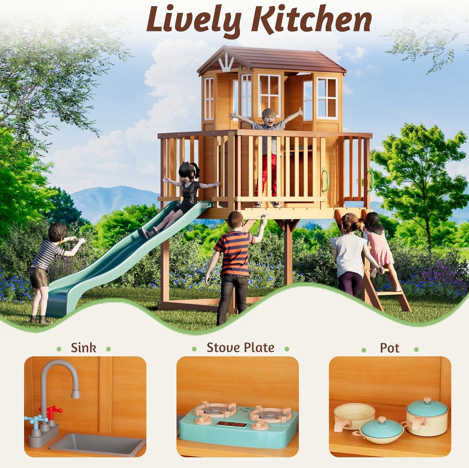 Kids Outdoor Playhouse, Cedar Wooden Outdoor Play House with Growth Chart,Interactive Play Kitchen,Wave Slide,Installation Manual and Videos Included