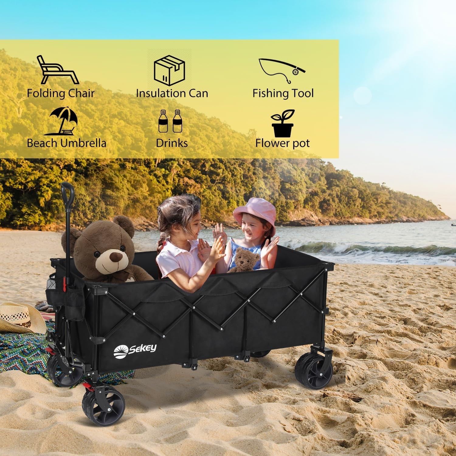 48''L Collapsible Foldable Extended Wagon with 440Lbs Weight Capacity, Heavy Duty 300L Folding Utility Garden Cart with Big All-Terrain Beach Wheels & Drink Holders. Black