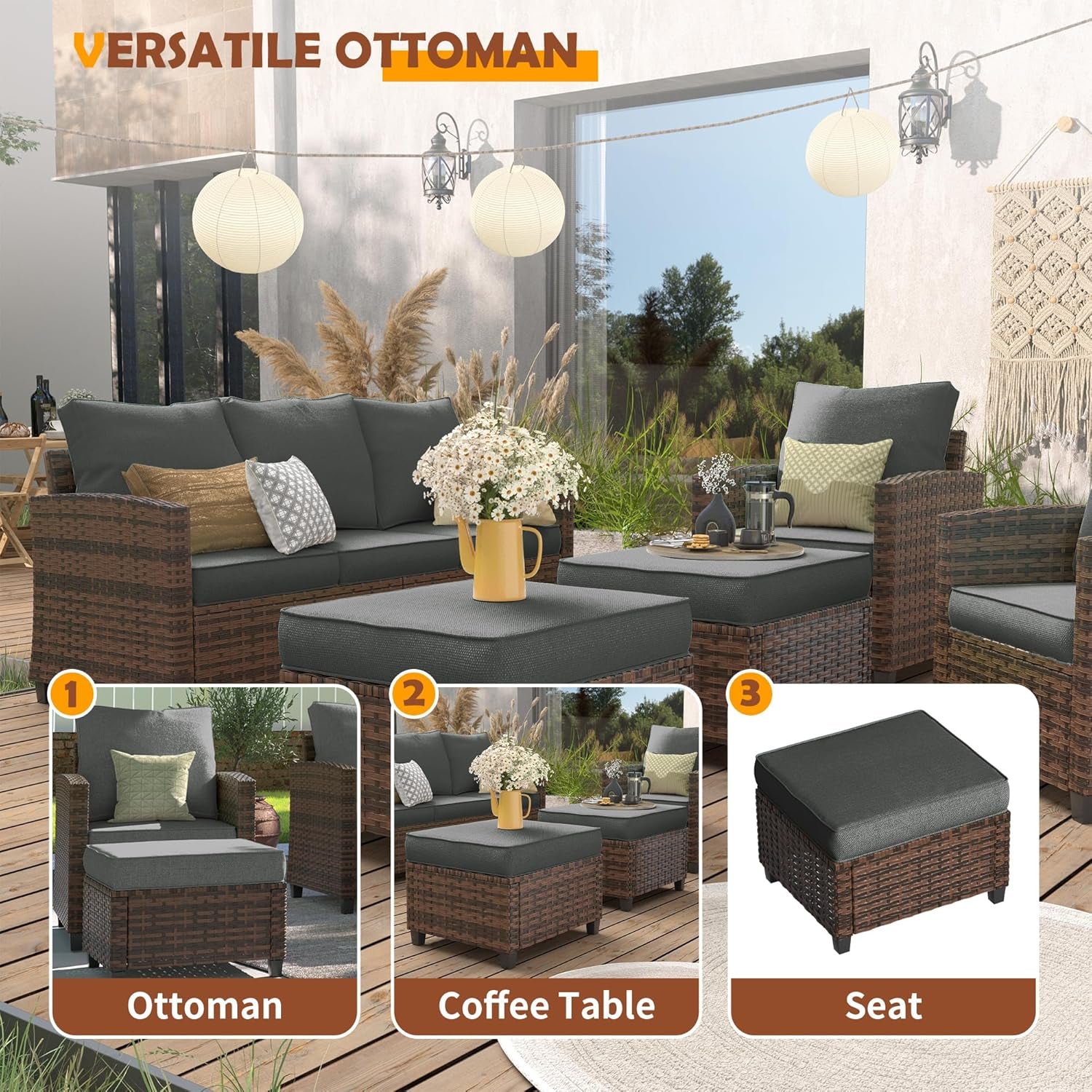 Patio Conversation Set, 5 Pieces Outdoor Furniture Set, All-Weather Wicker Rattan High Back Outdoor Sectional Sofa Set with Ottoman for Poolside, Backyard, Brown Wicker Dark Grey Cushions