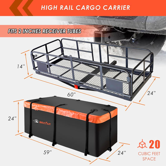 High Rail Trailer Folding Hitch Mount Cargo Carrier Basket 60" X 24" X 14"+Waterproof Cargo Bag 20 Cu Ft(59" 24" 24"), Capacity of 500 Lbs with Hitch Stabilizer, Net, Lock and Straps