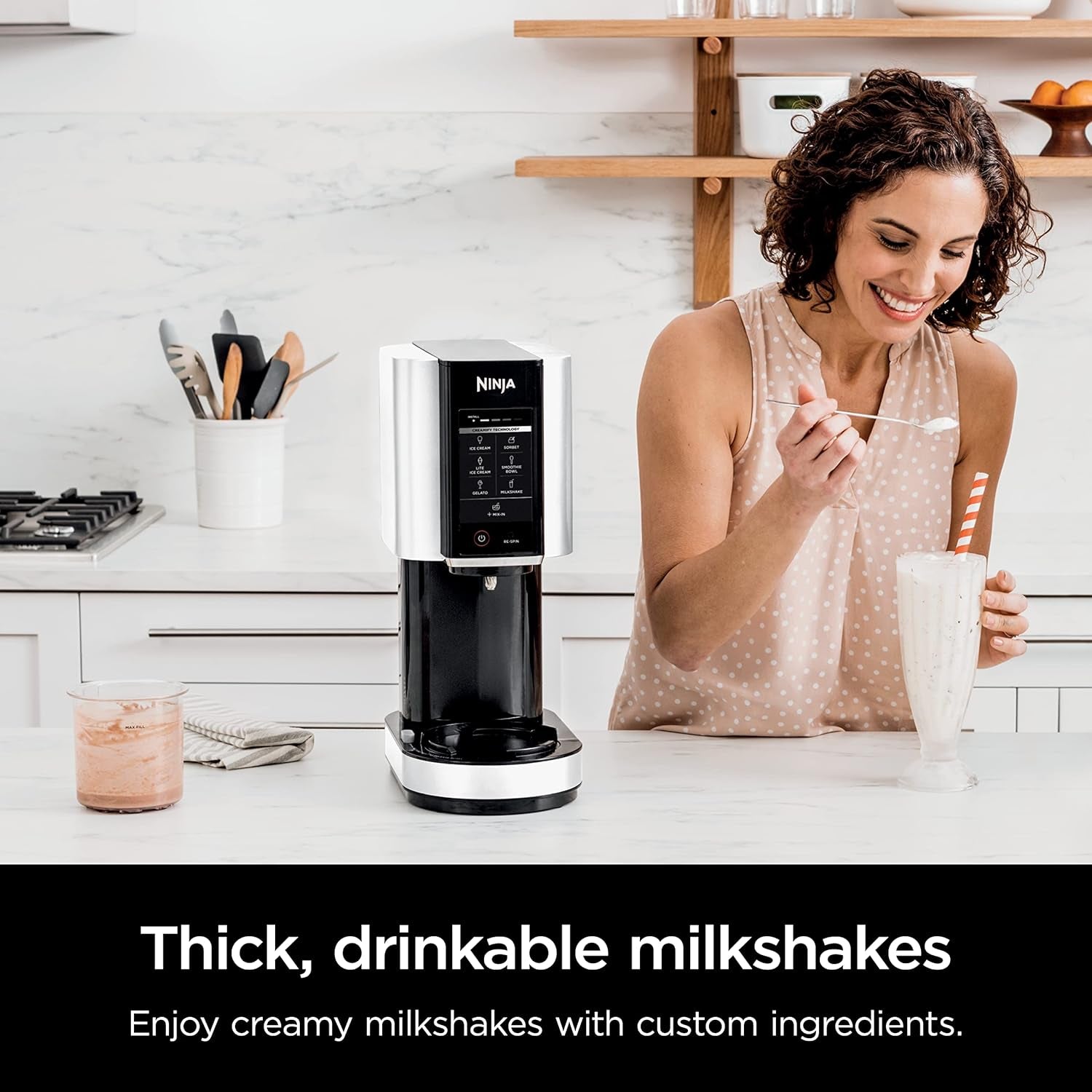 Creami Ice Cream Maker, 7 One-Touch Programs, with (2) Pint Containers & Lids, Compact Size, White (NC301WHBBB)