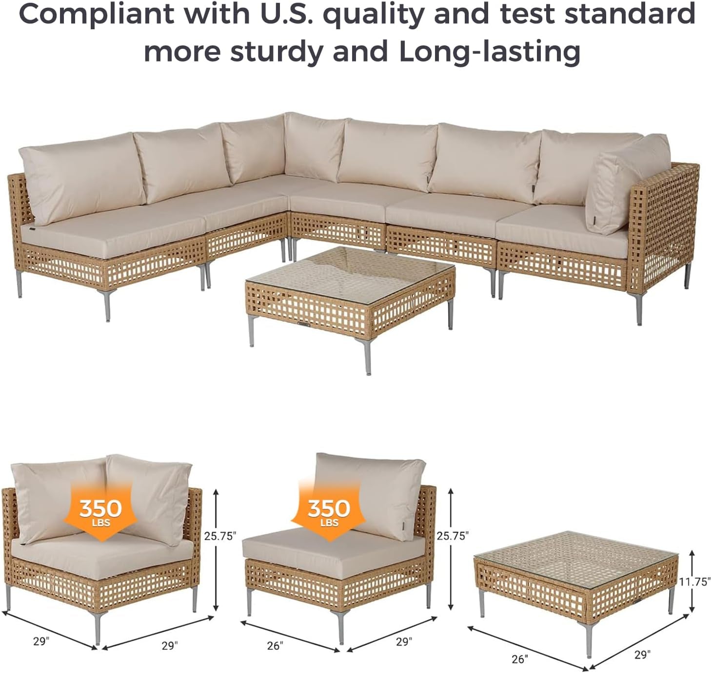 7-Piece Wicker Patio Furniture Set, Boho Outdoor Conversation Set Sectional Sofa with Water Resistant Thick Cushions and Coffee Table, Cream