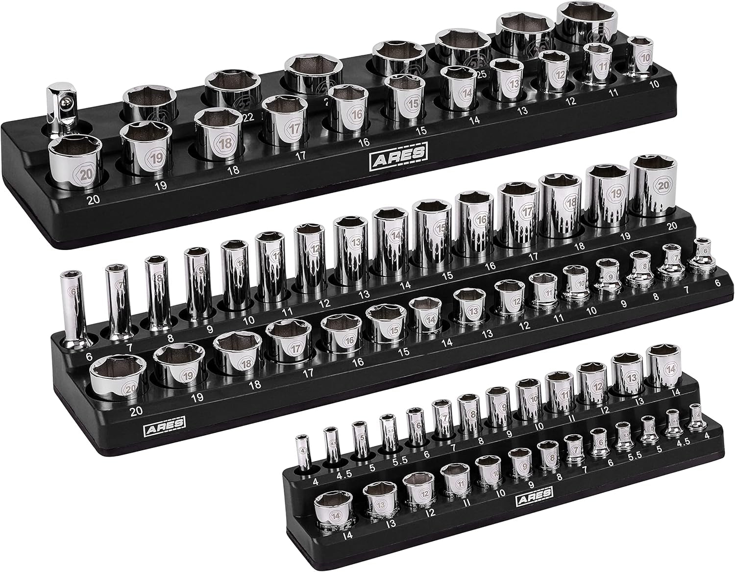 60034-3-Piece Black Metric Magnetic Socket Organizer Set - Includes 1/4-Inch, 3/8-Inch, and 1/2-Inch Socket Holders - Holds Standard Size and Deep Size Sockets - Keeps Your Tool Box Organized