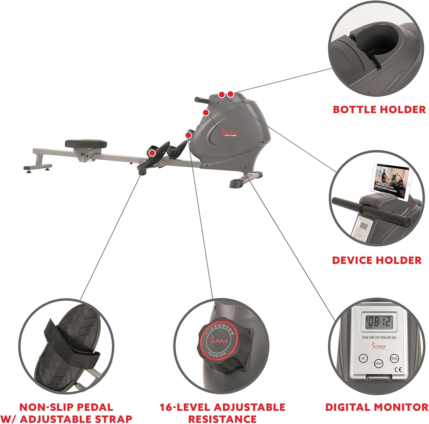 Magnetic Rowing Machine for Home Exercise, Quiet & Smooth Rower with Compact Storage and Optional Free Sunnyfit App Connectivity