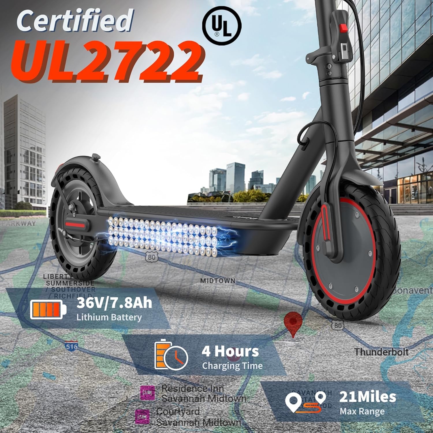 Electric Scooter with Seat for Adults - 19MPH & 21-Mile Range, 350W Motor, 8.5" Solid Tires with App Control & Dual Brake System - UL2272 Certified Folding Commuter E-Scooter for Adults