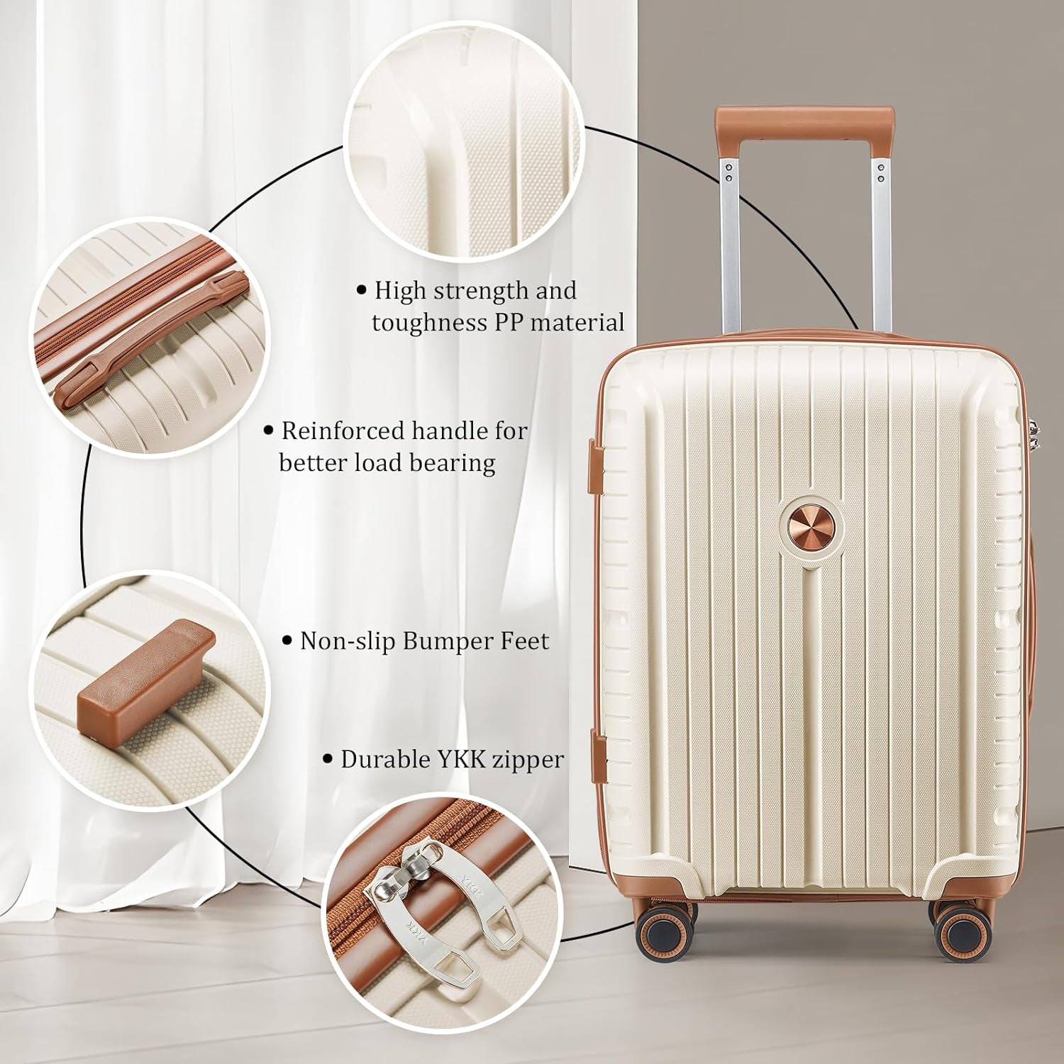 Luggage Sets 5 Piece PP Hardshell Carry on Suitcase, Travel Lightweight Carry-On with Double Spinner Wheels and TSA Lock, Beige Brown