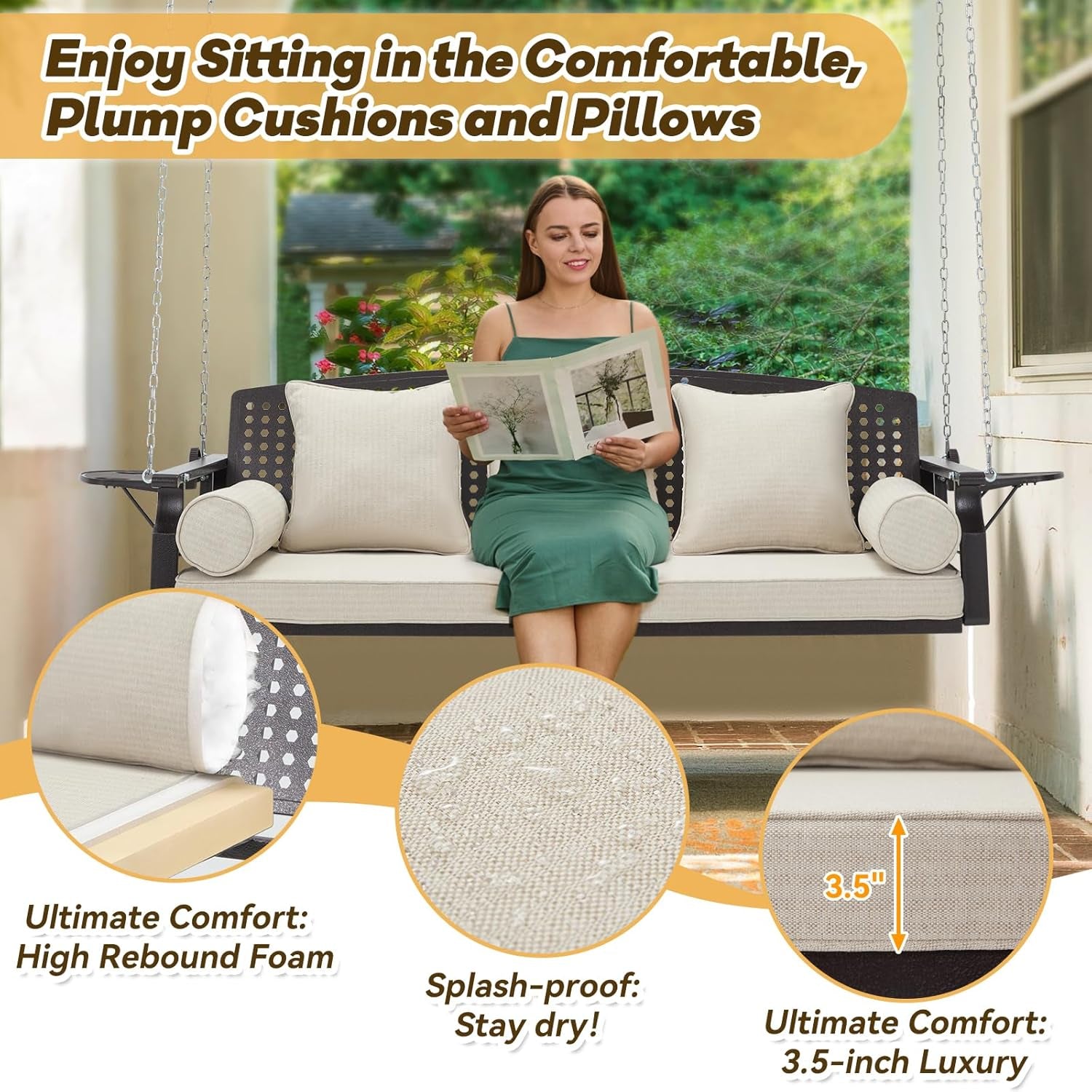 3 Seat Porch Swing, Patio Swing Bench with Cup Holders & 3 Back Cushions, Swing Chair with Chains for Deck Garden Backyard,Beige