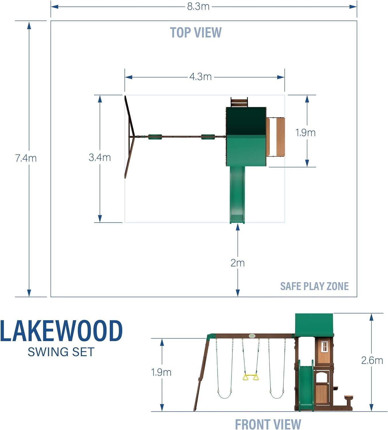 Lakewood Cedar Wood Swing Set with Wave Slide, Clubhouse, Playhouse, Snack Bar Window, Picnic Area, Belt Swings, Trapeze, Full Front Door, Windows, Step Ladder, Outdoor Playset