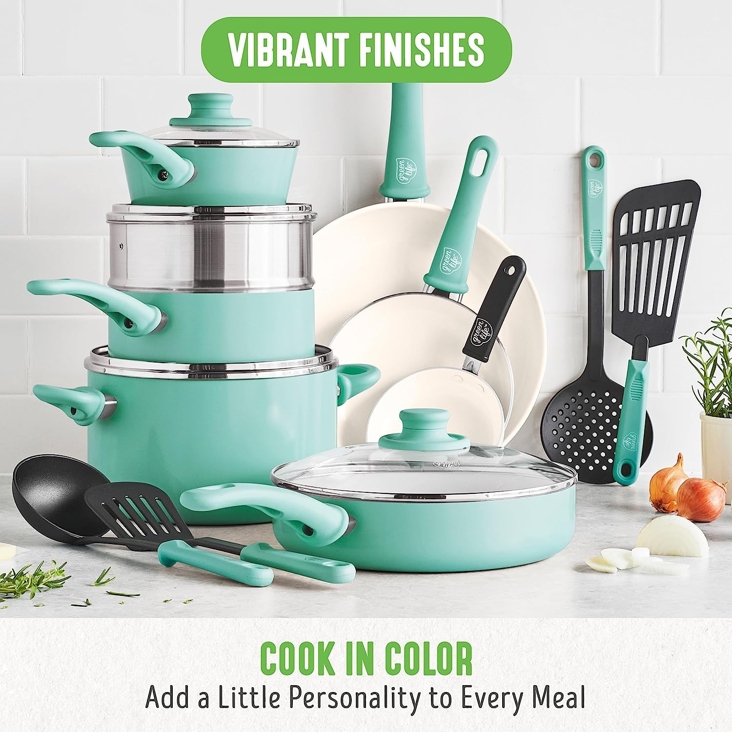 Soft Grip 16 Piece Cookware Set, Non-Toxic Pfas-Free Ceramic Nonstick, Pots, Frying, Sauce, Saute, Glass Lids, Stay-Cool Handles, Wobble Free Bases, Dishwasher & Oven Safe, Turquoise