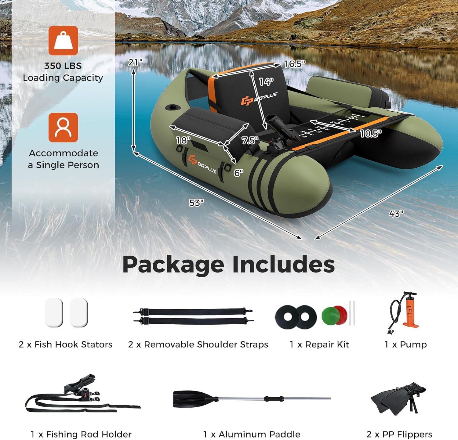 Inflatable Float Tube, Fishing Belly Boat with Fish Ruler, Pump, Storage Bag, Adjustable Straps, Fishing Float Tube for Angling, 350LBS Load Capacity