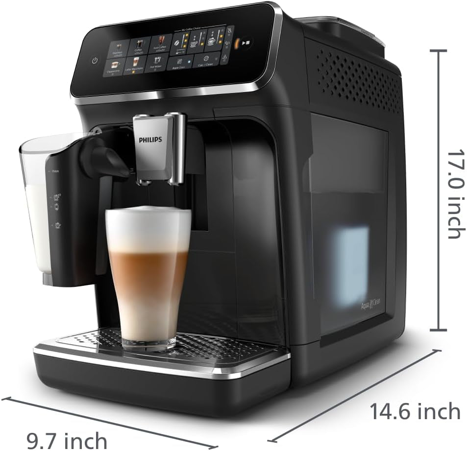 Series 3300 Fully Automatic Espresso Coffee Machine - 6 Hot & Iced Drinks, Lattego Milk System, 40% Quieter Silentbrew, Ceramic Grinder, Aquaclean Filter, Glossy Black (EP3341/50)