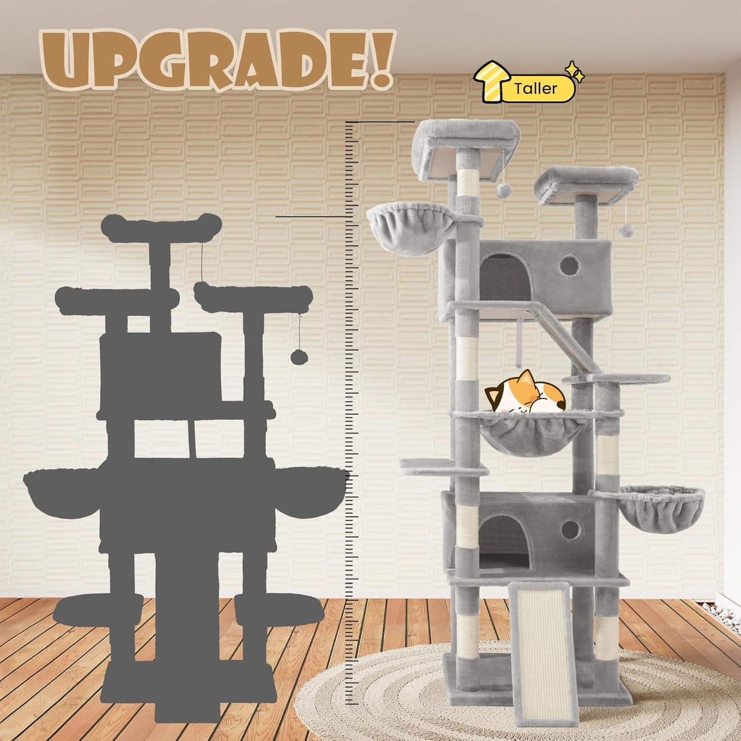 81In Multi-Level Tall Cat Tree Tower for Indoor Kitties/Larger Cat Condo Furniture with Hammock/Cozy Pussycat Perches/Sisal Scratching Posts/Pet House/Wide Base/Grey