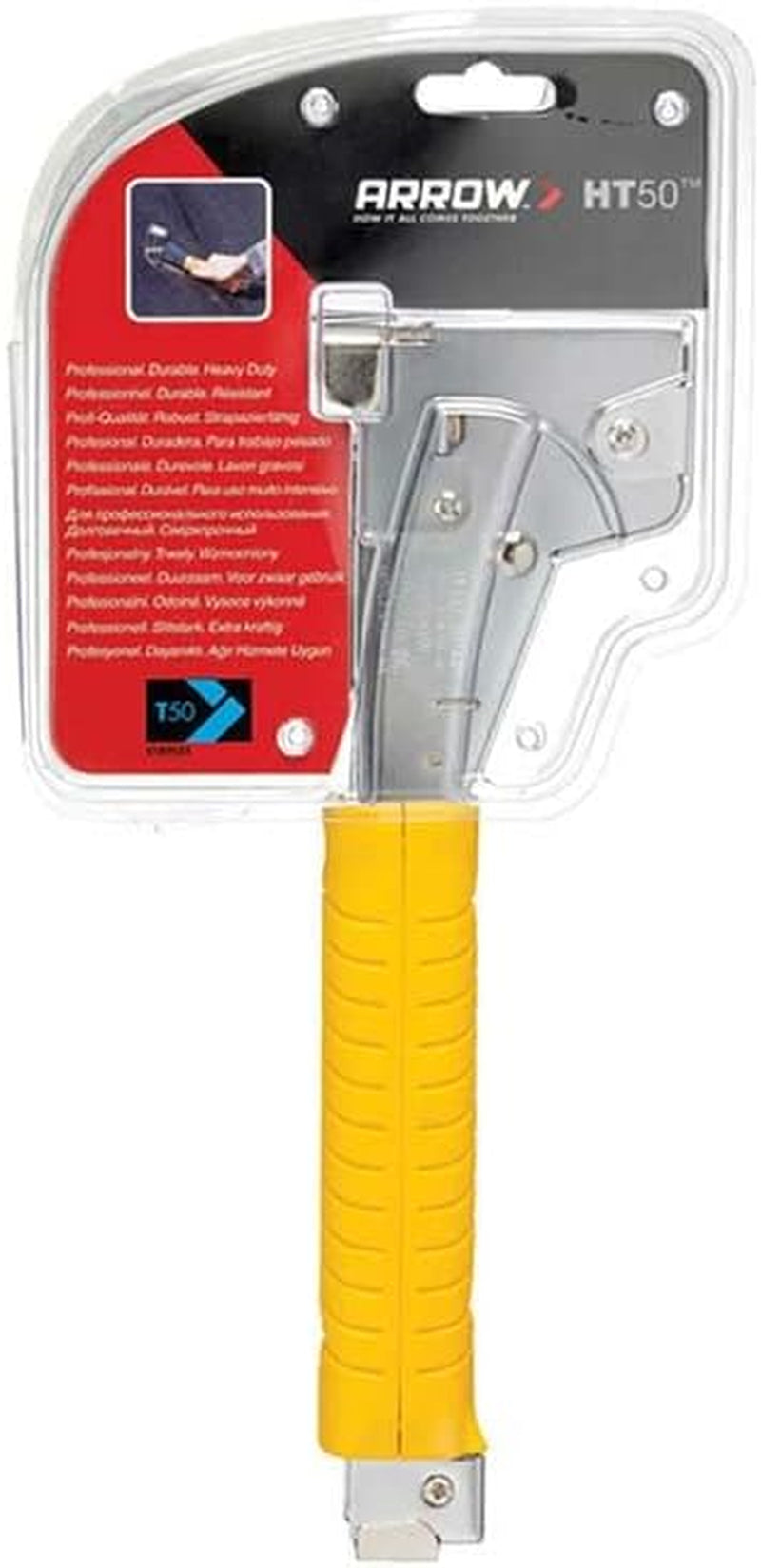 Arrow HT50 Heavy Duty Hammer Tacker, Chromed-Steel Manual Stapler with Sure-Grip Handle, Dual-Capacity Rear-Load Magazine, Fits 5/16”, 3/8", or 1/2" Staples