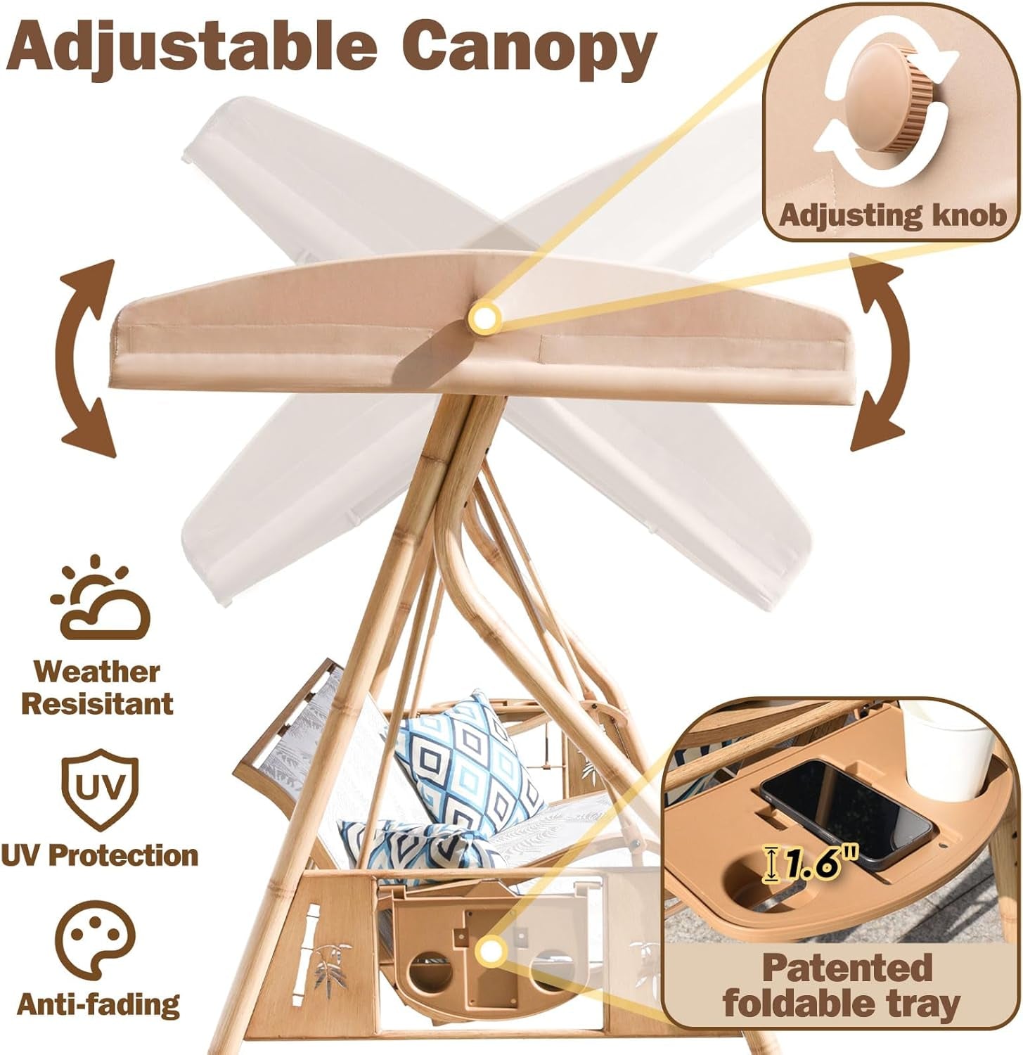 3 Person Patio Swing Outdoor Swing for Adults with Adjustable Canopy &Upgraded Cup Holders Textilene Fabric Porch Swing Chair with Stand Heavy Duty 800 LBS