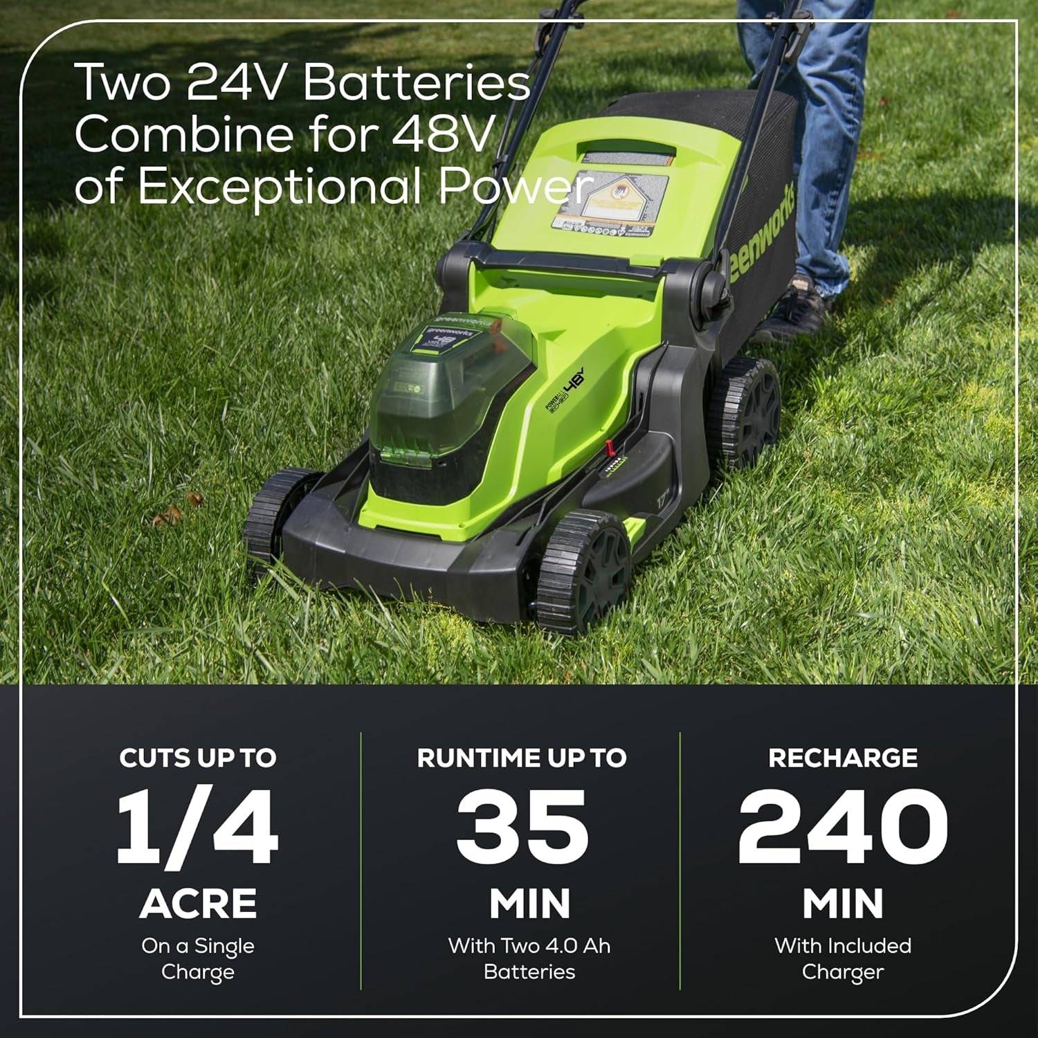 48V (2 X 24V) 17" Cordless (Push) Lawn Mower (125+ Compatible Tools), (2) 4.0Ah Batteries and Dual Port Rapid Charger Included