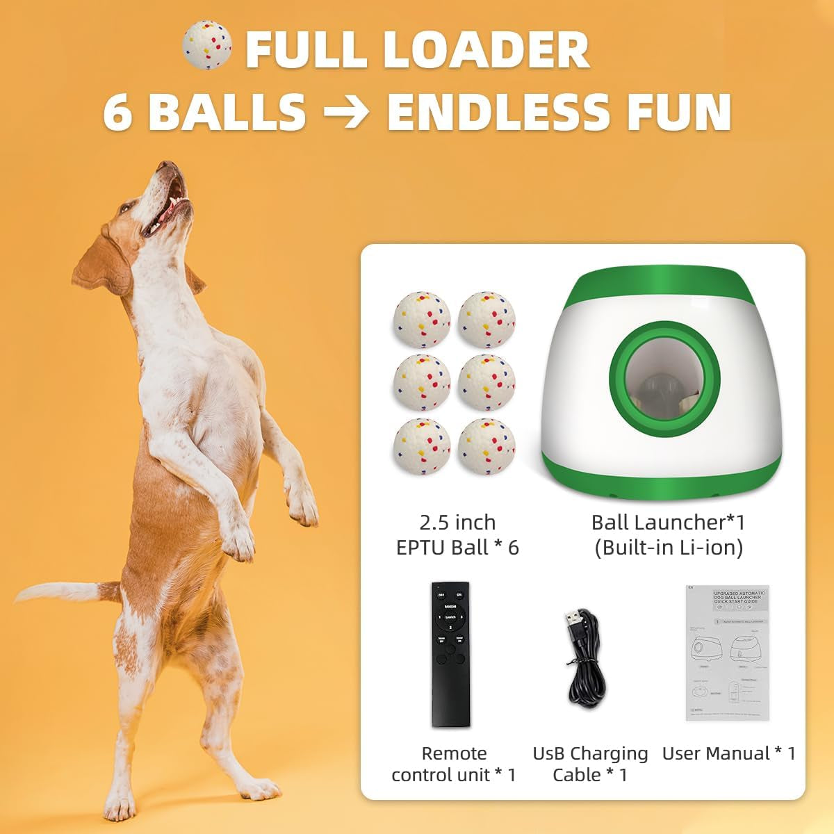 Autodog Ball Launcher - Large Silent Dog Ball Thrower with Remote Control, 3 Adjustable Distances (40T/60Ft/80Ft), Rechargable,Includes 6 Durable 2.5" Balls for Medium/Large Dogs