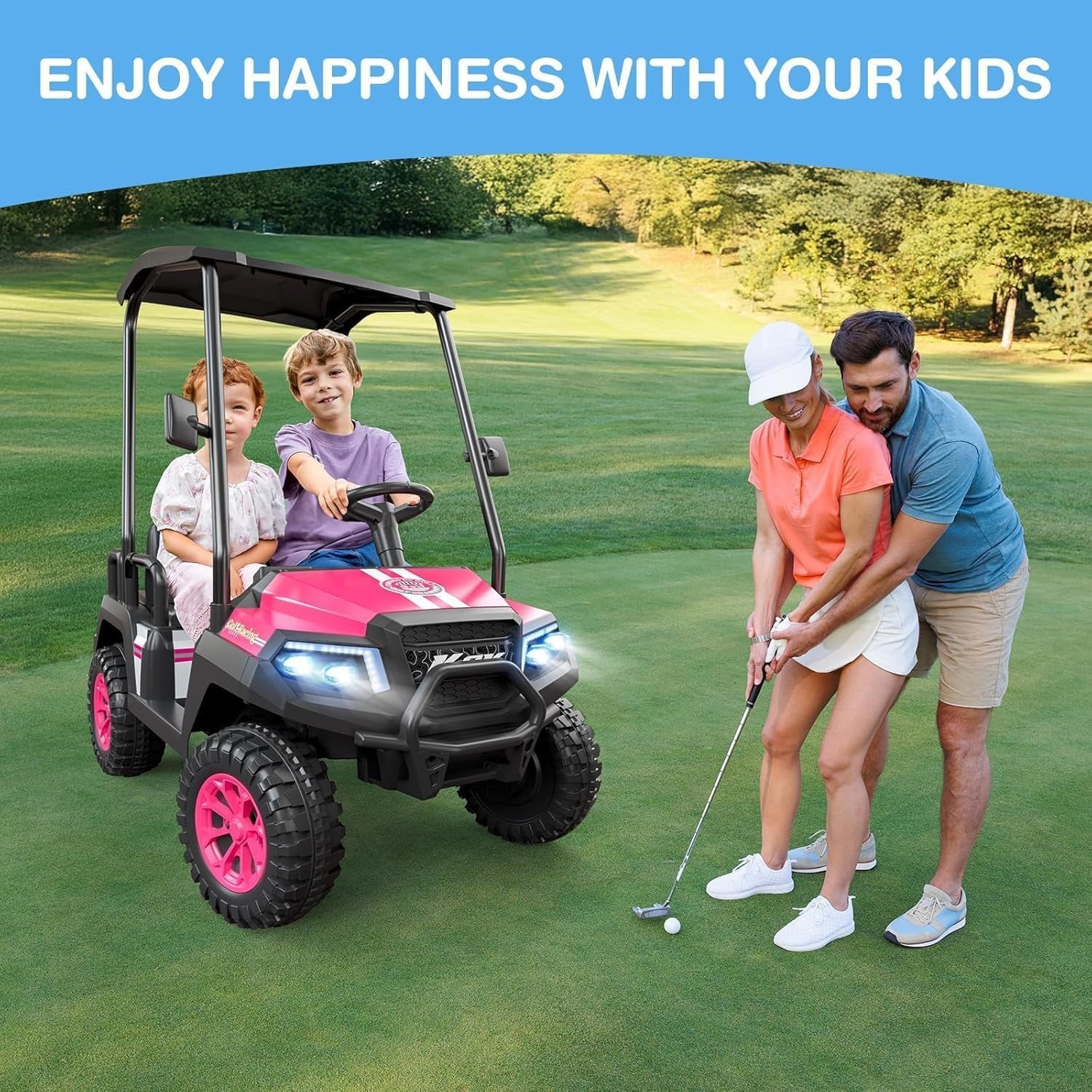 R9 24V Kids Golf Cart, 4 Seats, 4WD Kids Electric Car W/Remote Control, Detachable Awning, Spring Suspension, Multimedia Functions Including Music, Story, Wireless Connection, Horn, Power Display