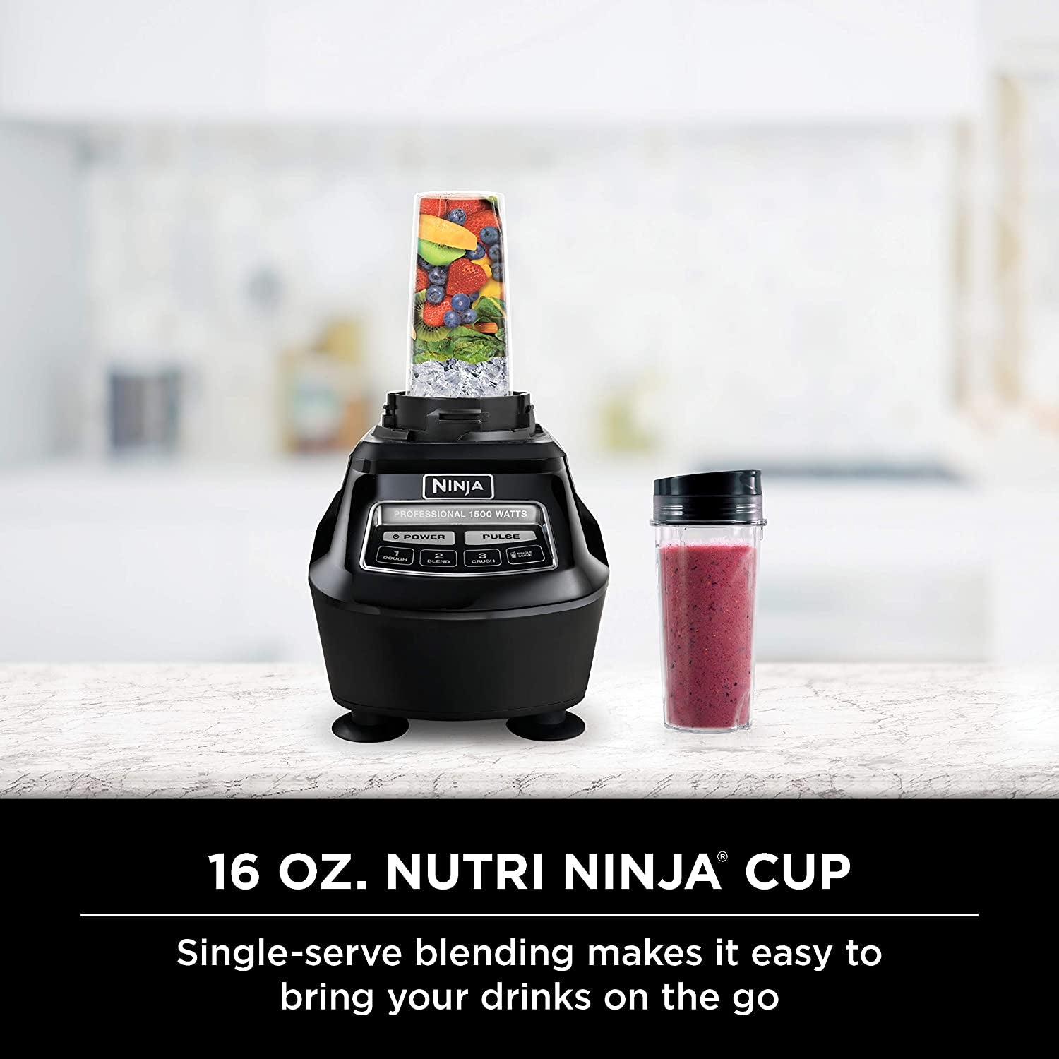 Blender, Mega Kitchen System, 1500W, 4 Functions for Smoothies, Processing, Dough, Drinks & More, with 72 Blender Pitcher, 64 Processor Bowl, 2 Nutri Cups + Lids, Black, BL770