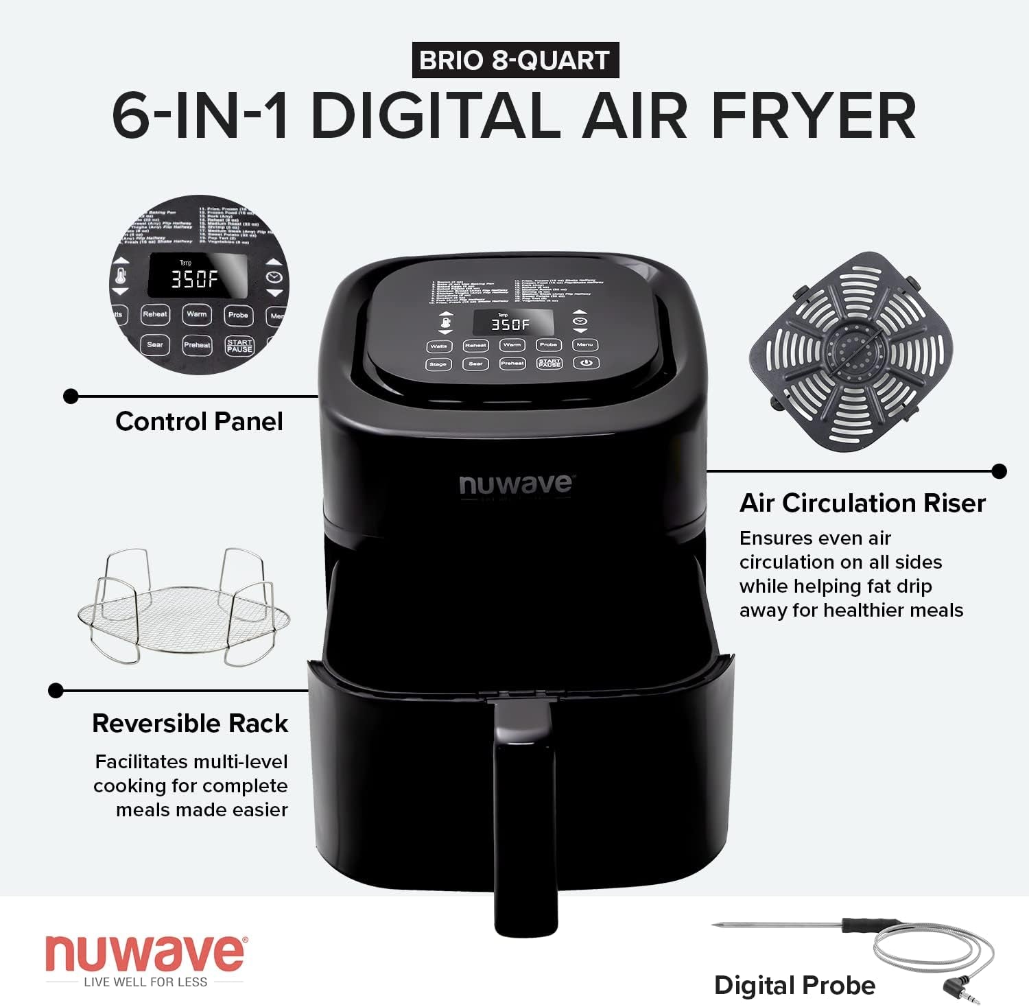 Brio 8-Qt Air Fryer, Powerful 1800W, Easy-To-Read Cool White Display, 50°-400°F Temp Controls, 100 Pre-Programmed Presets & 50 Memory Slots, Integrated Smart Thermometer, Linear T Technology