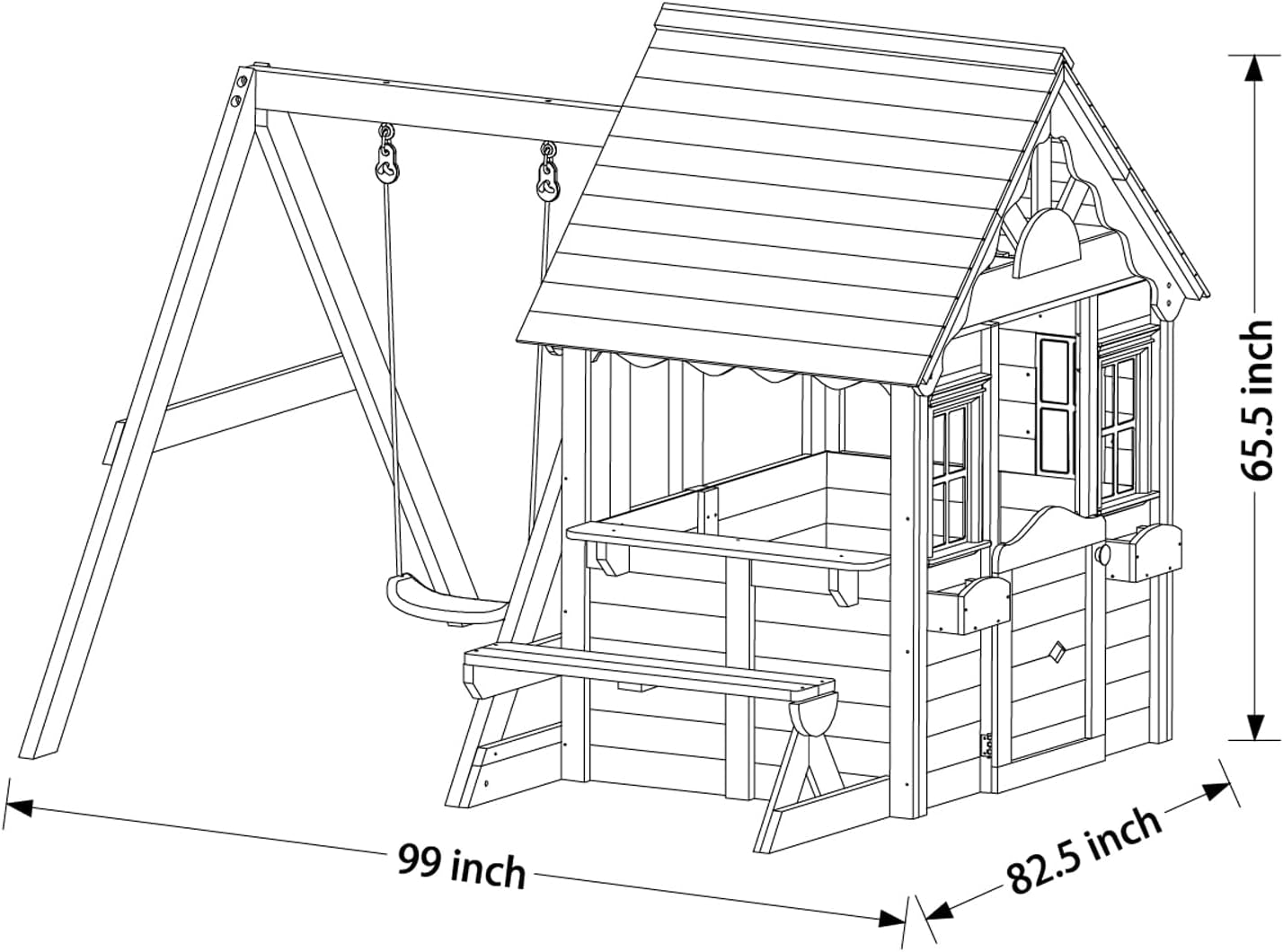 Swing N' Play Wooden Outdoor Backyard Playhouse with Swing, Picnic Bench and Flower Boxes, Brown