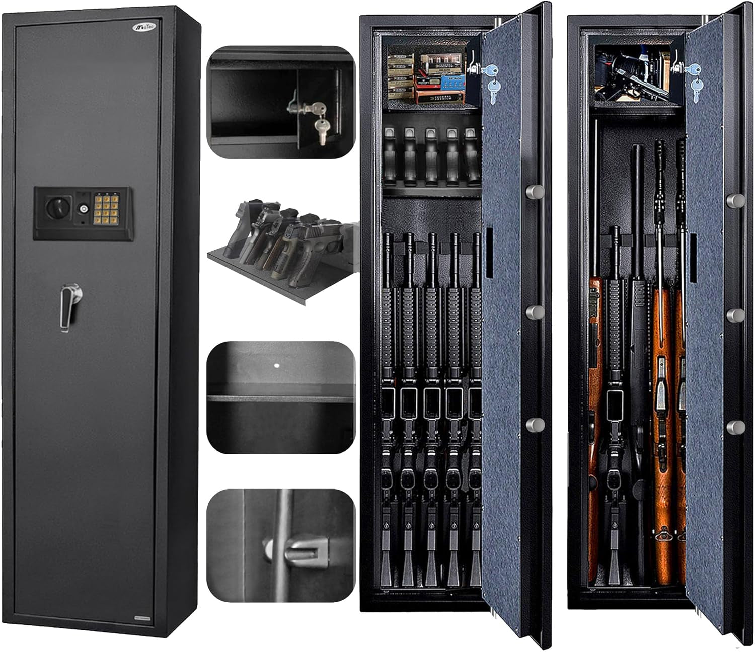 Large Rifle Safe, Long Gun Safe for Rifle Shotgun for Home, Quick Access 5-6 Gun Storage Cabinet with a Handgun Lock Box and a Removable Shelf, Silent Mode(Pin Code Version)
