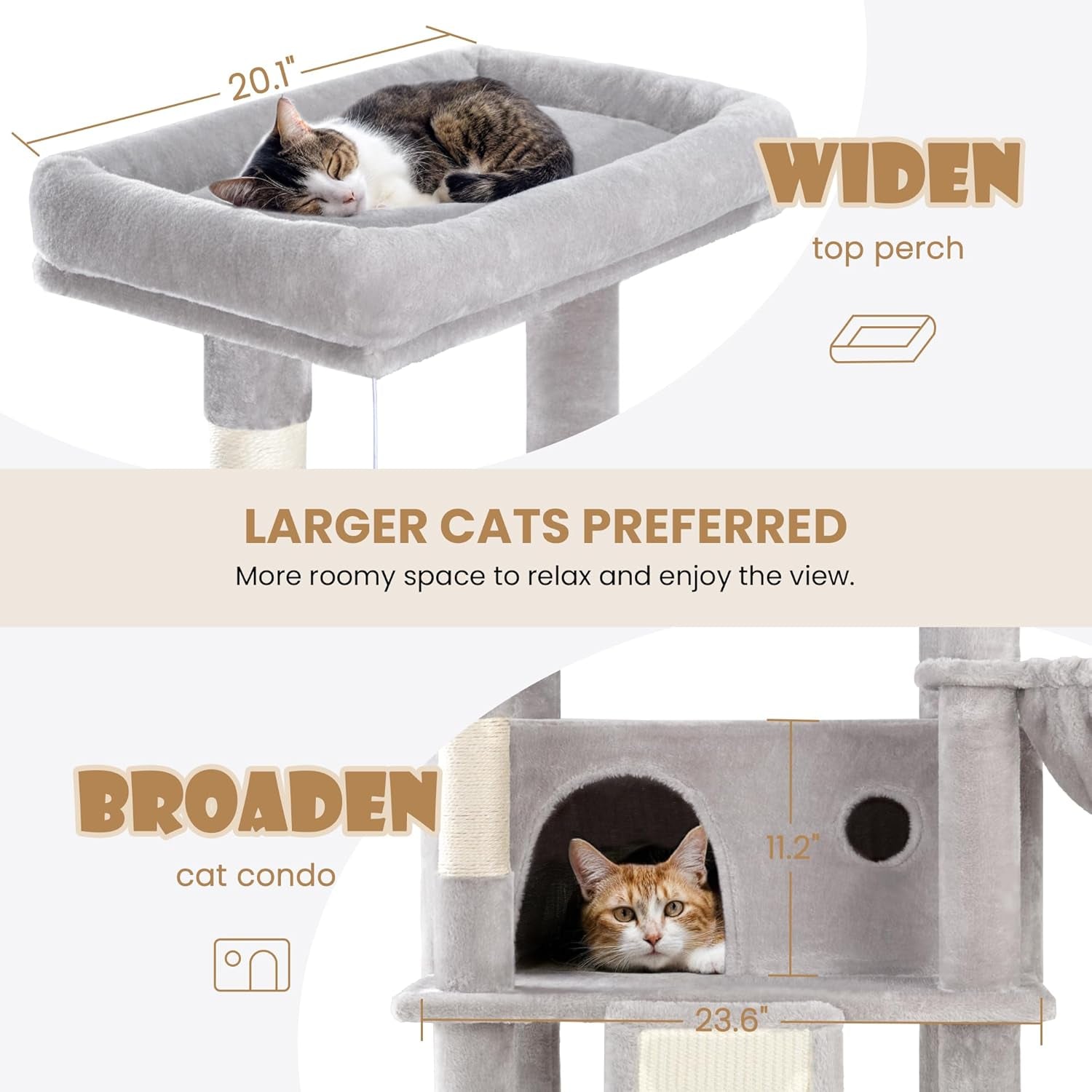 81In Multi-Level Tall Cat Tree Tower for Indoor Kitties/Larger Cat Condo Furniture with Hammock/Cozy Pussycat Perches/Sisal Scratching Posts/Pet House/Wide Base/Grey
