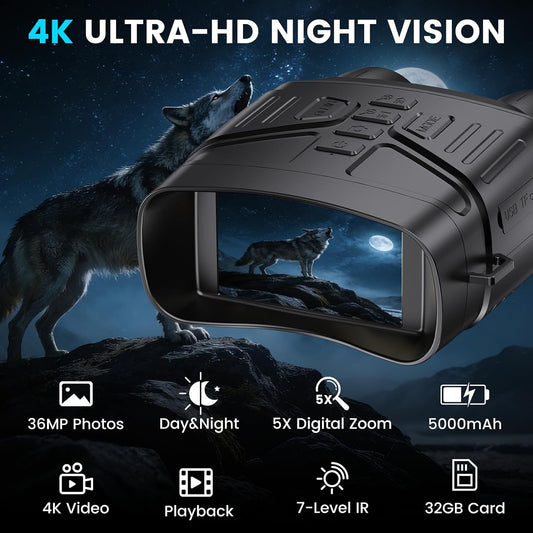 Night Vision Goggles for Adults, 4K Night Vision Binoculars with 5000mAh Rechargeable Battery and 32GB TF Card for Hunting, Wildlife Observation and Security