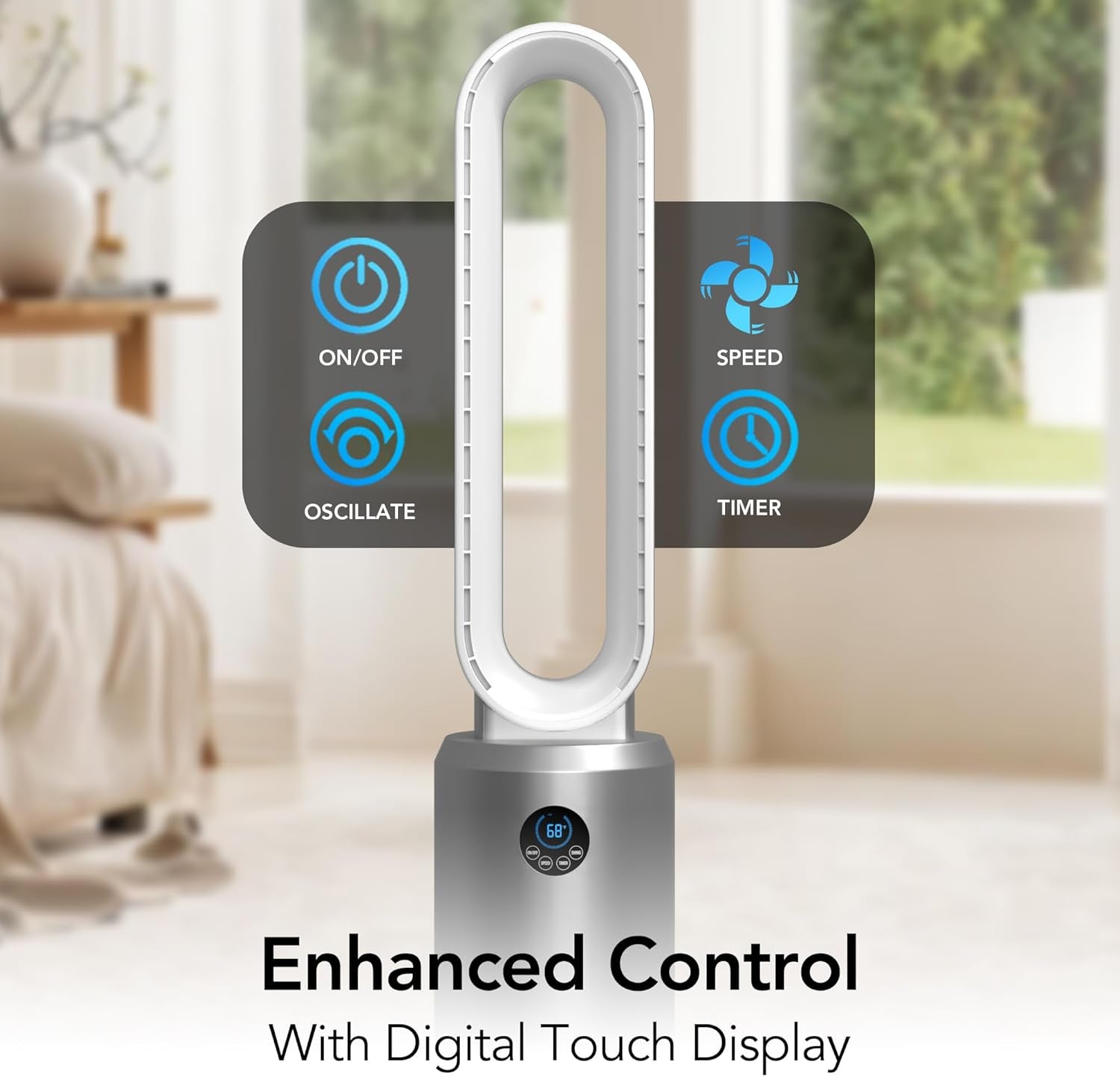 40-Inch Bladeless Tower Fan for Bedroom, 3-Speed Stand Fan with Remote Control, 9-Hour Timer, Wide Oscillation & Digital Push-Button Display – Quiet Home Floor Fan, Silver