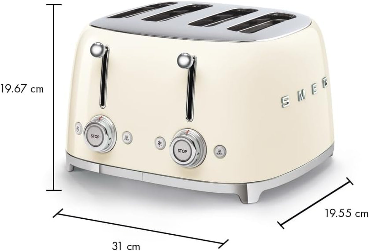 50'S Style Retro Aesthetic 4 Slice Toaster 6 Presets Extra Wide Slots Cream TSF03CRUS