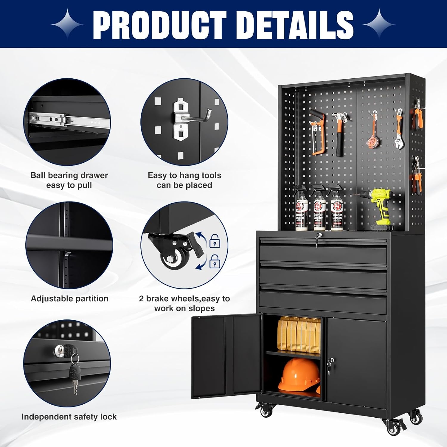 Metal Garage Storage Cabinet with Wheels,3-Drawer Rolling Tool Cabinet with 2 Door and Adjustable Shelves,- 71" Steel Tool Cabinet for Warehouse,Garage,Workshop