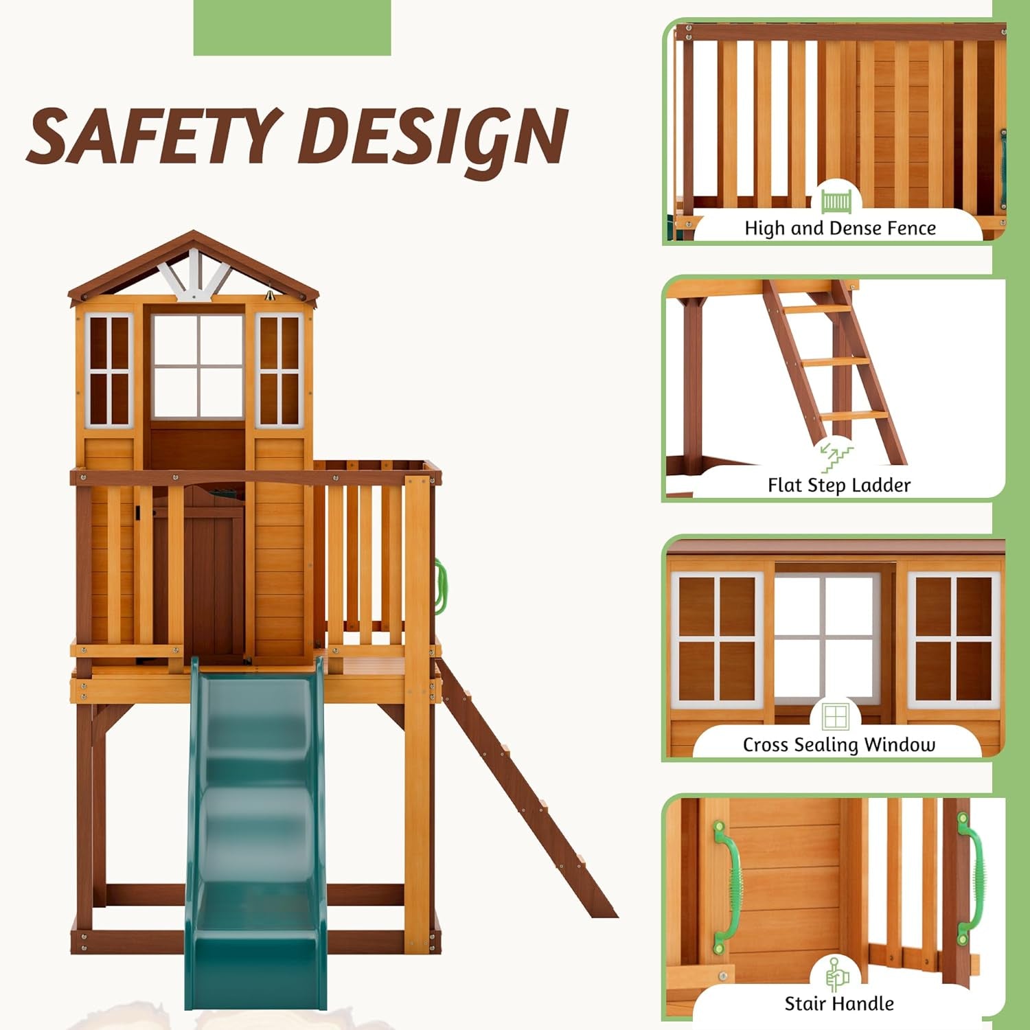 Kids Outdoor Playhouse, Cedar Wooden Outdoor Play House with Growth Chart,Interactive Play Kitchen,Wave Slide,Installation Manual and Videos Included