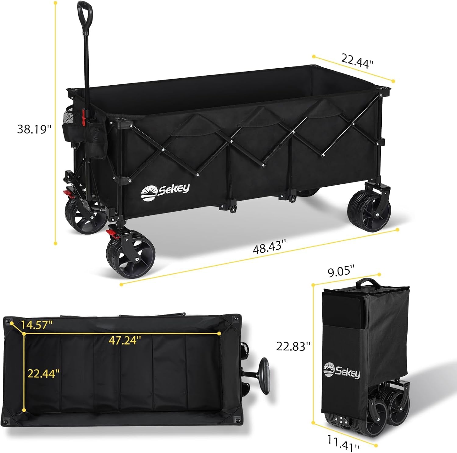 48''L Collapsible Foldable Extended Wagon with 440Lbs Weight Capacity, Heavy Duty 300L Folding Utility Garden Cart with Big All-Terrain Beach Wheels & Drink Holders. Black