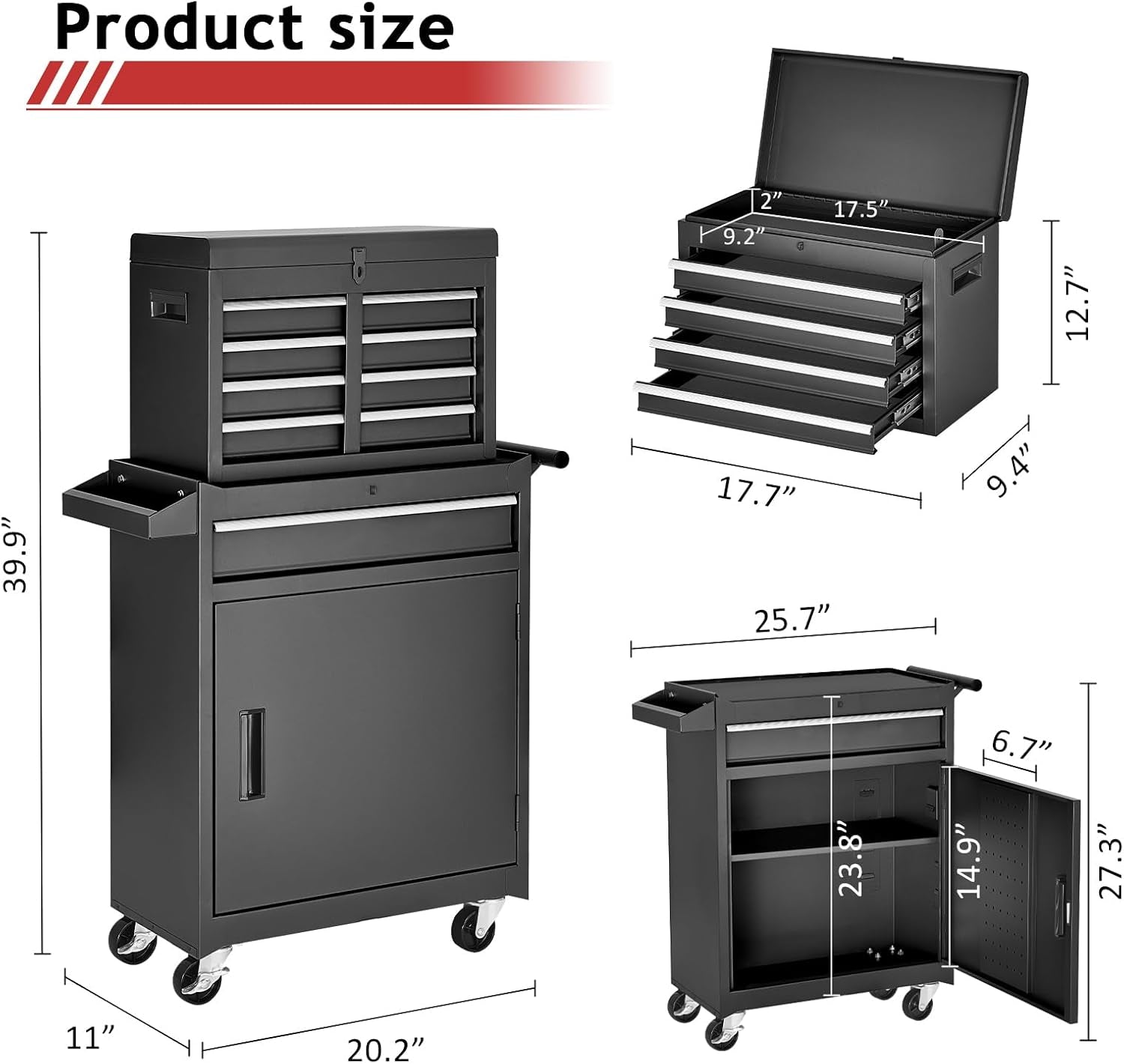 Tool Chest,5-Drawer Rolling Tool Storage Cabinet with Enhanced Packaging, Detachable Top Tool Box, Metal Tool Cart for Garage Workshop,Black, ATC001BK