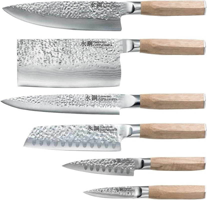 Damashiro Emperor Knife Block (Hikari, 7 Piece Set) - Premium Japanese Steel Knife Set with Tempered Glass - Magnetic Knife Holder - Professional Knife Set in Damascus Design