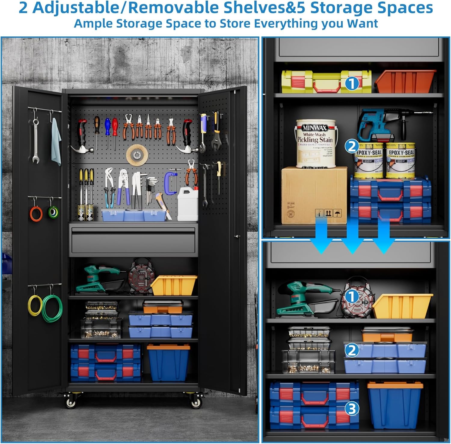 Metal Storage Cabinet with Wheels, Steel Storage Cabinet with 1 Drawer and 2 Adjustable Shelves for Homes, Offices, Kitchens, Schools and Pantries