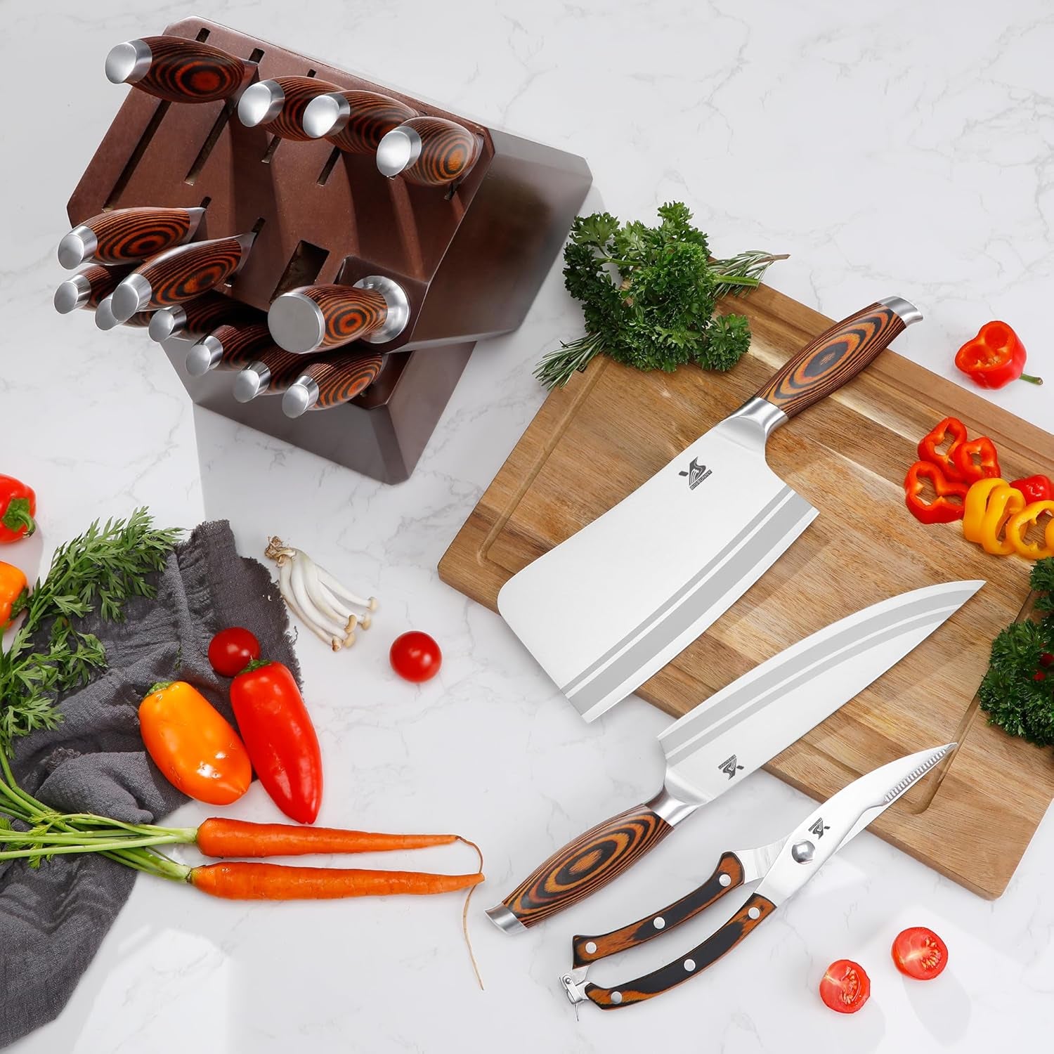 Knife Block Set 17-Piece Knife Set with Wooden Block - German Steel Perfect Cutlery Set Gift