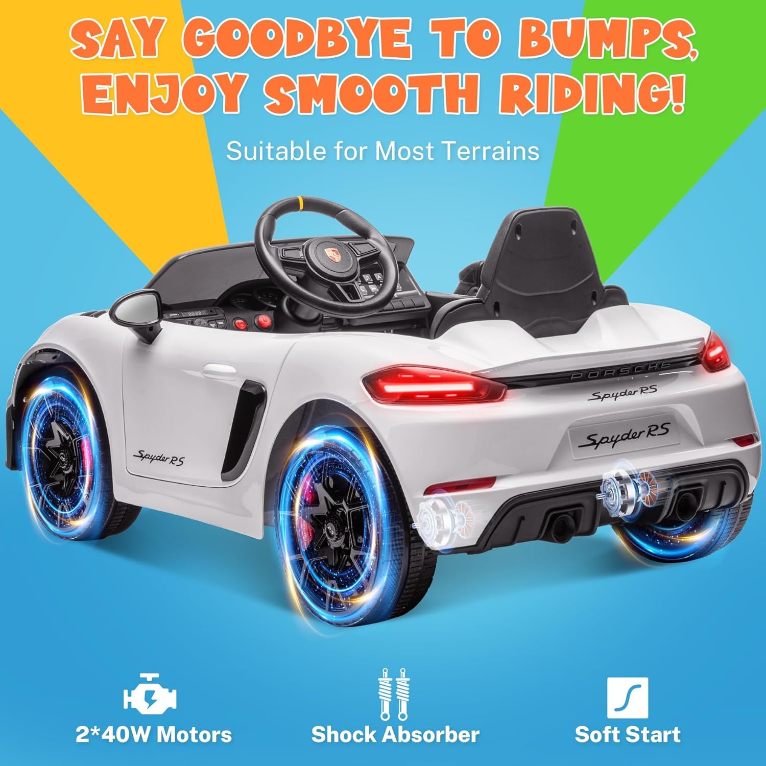 Licensed Porsche 718 Spyder RS Ride-On Electric Car for Kids with Remote Control, 12V Ride on Toys for Toddlers, Electric Power Vehicle W/Trailer Wheels, Bluetooth/Usb/Aux, LED Lights, White