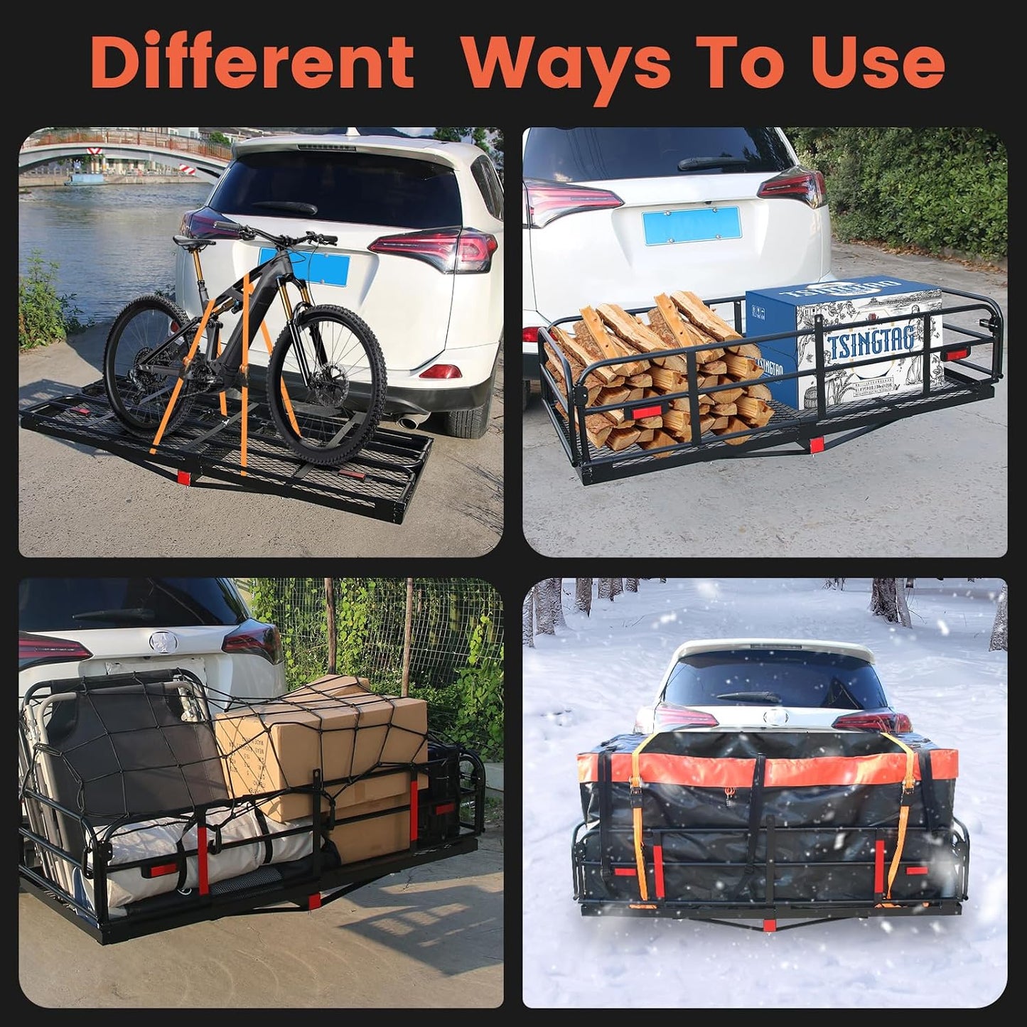Hitch Cargo Carrier 60"x24"x14.4", 510 lbs Capacity Folding Rear Luggage Rack Fits 2" Receiver on Car SUV Pickup, Hitch Rack with Stablizer, Waterproof Bag, Net, Ratchet Straps, Straps Lock