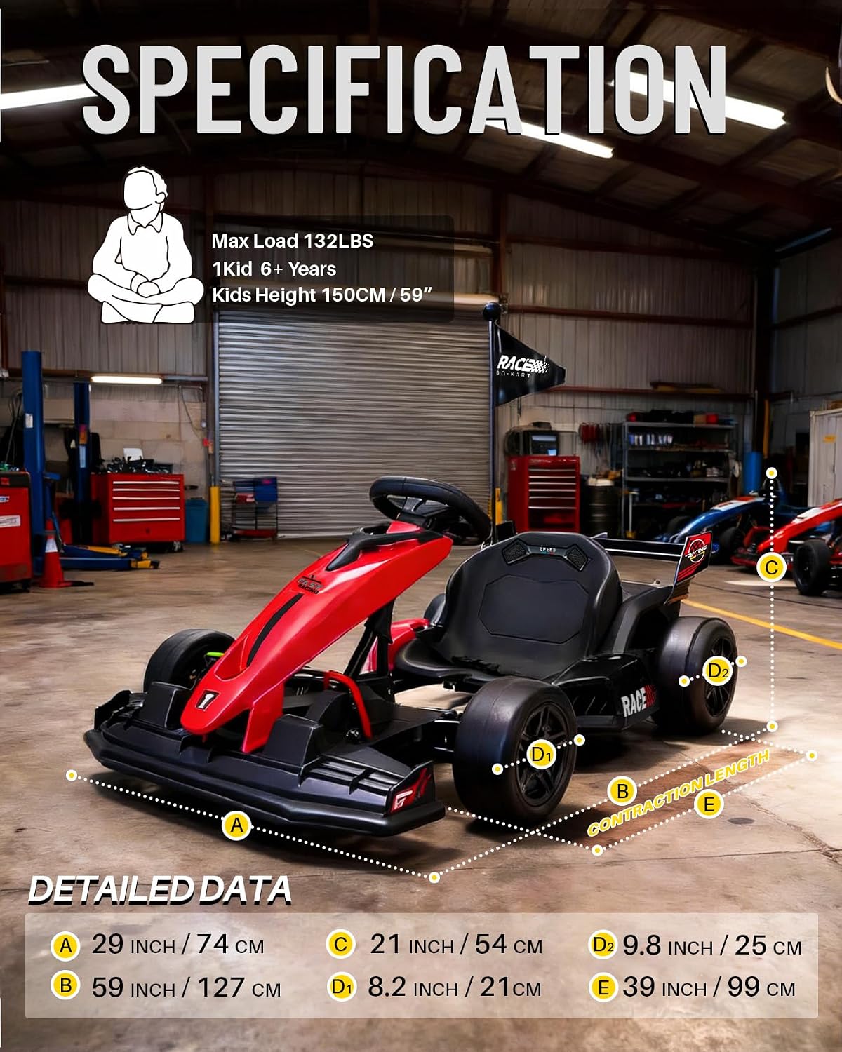 Blitzshark 36V Kids 600W Drift Kart, Powerful Electric Pedal Kart, Red Outdoor Race Toy, with 600W Strong Motor, 9AH Big Battery, EVA Tires, Drift/Sports Mode, Brake Pedal, Length Adjustment