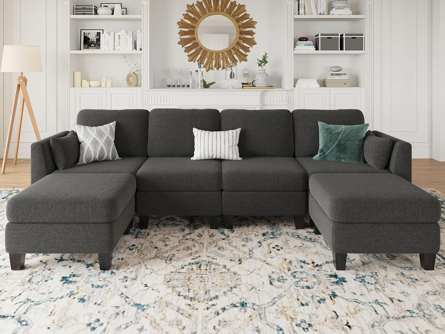 Modular Sectional Sofa 6 Seaters Modular Sleeper Sofa Couch Comfy Sectionals Couches Bed, Convertible Sofas with Ottomans, Sectional Couches for Living Room, Dark Gray
