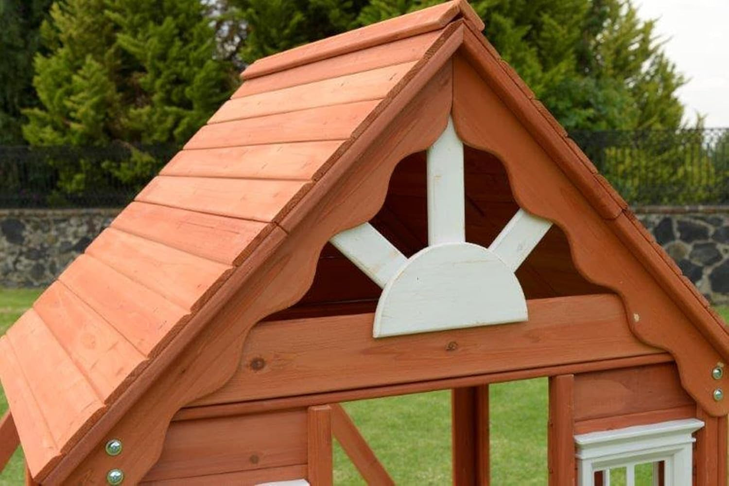 Swing N' Play Wooden Outdoor Backyard Playhouse with Swing, Picnic Bench and Flower Boxes, Brown