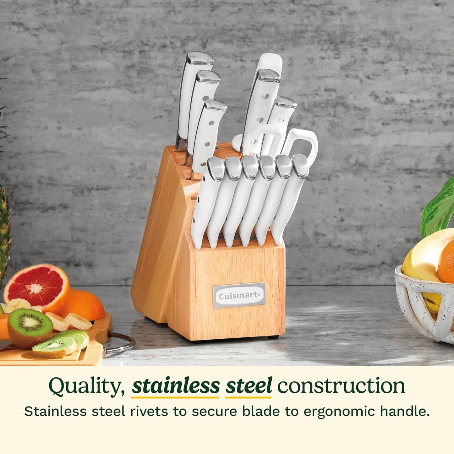 15-Piece Knife Set with Block, High Carbon Stainless Steel, Forged Triple Rivet, White, C77WTR-15P