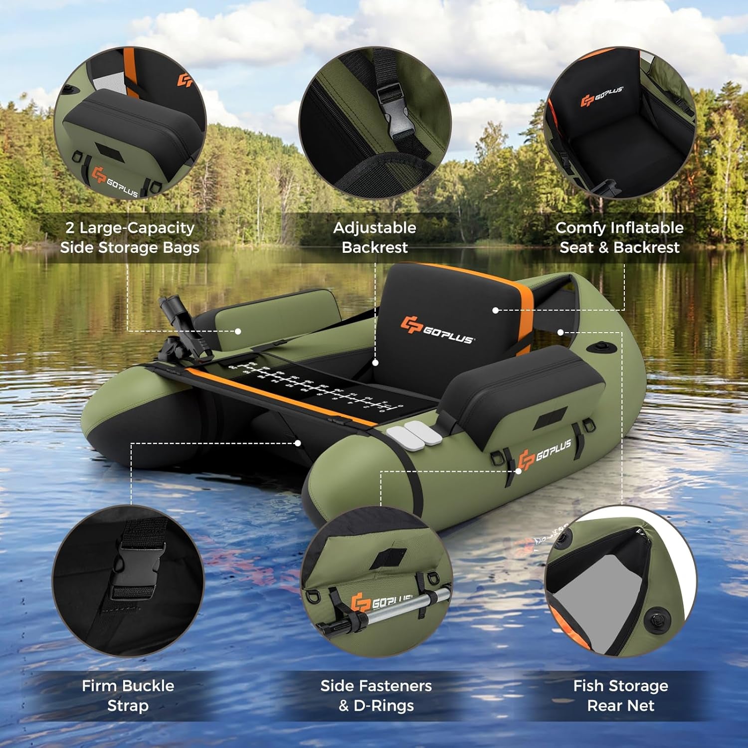 Inflatable Float Tube, Fishing Belly Boat with Fish Ruler, Pump, Storage Bag, Adjustable Straps, Fishing Float Tube for Angling, 350LBS Load Capacity