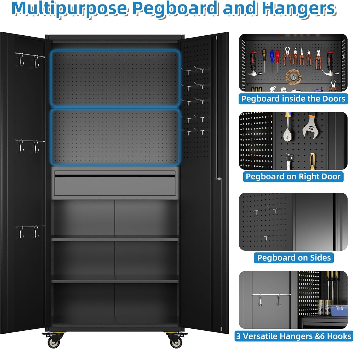 Metal Storage Cabinet with Wheels, Steel Storage Cabinet with 1 Drawer and 2 Adjustable Shelves for Homes, Offices, Kitchens, Schools and Pantries